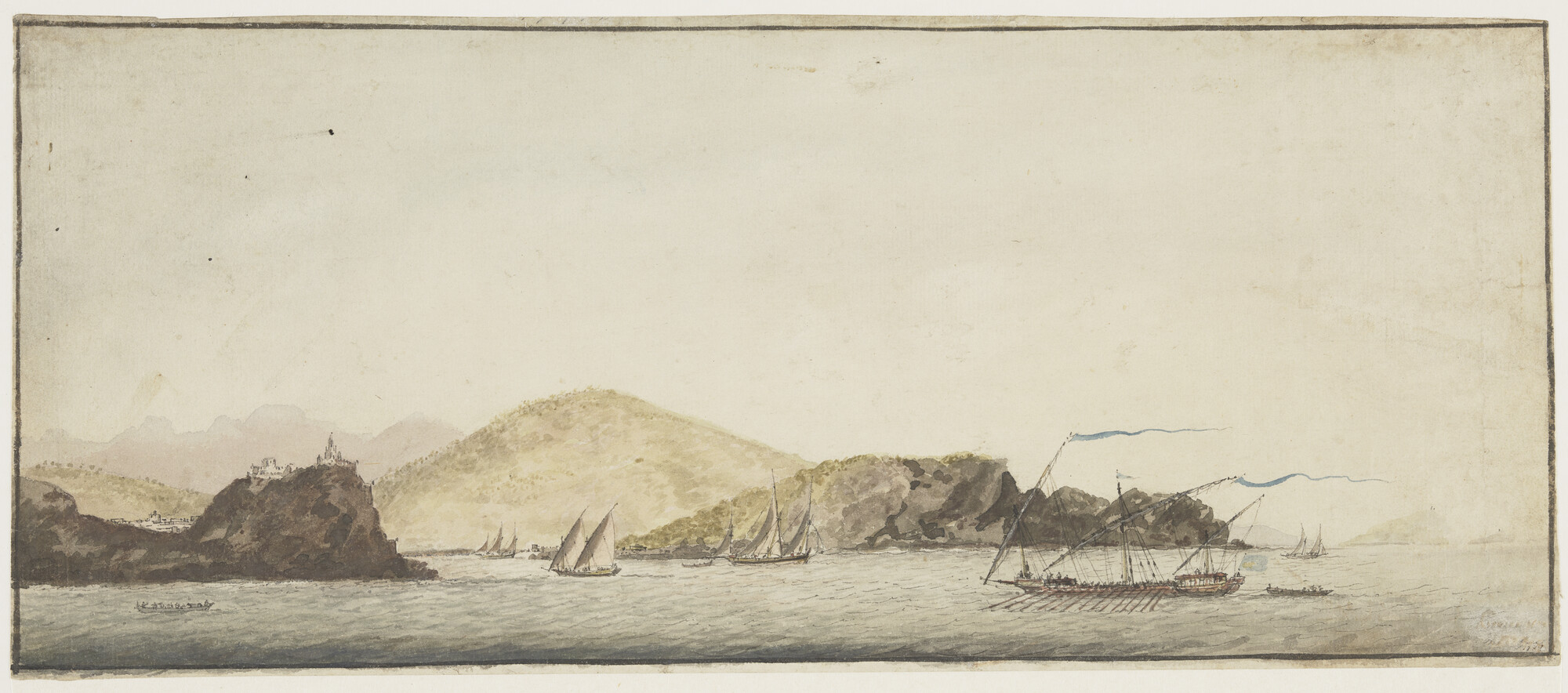 1993.0800; Twee chebeks en een galei in de Middellandse Zee; tekening