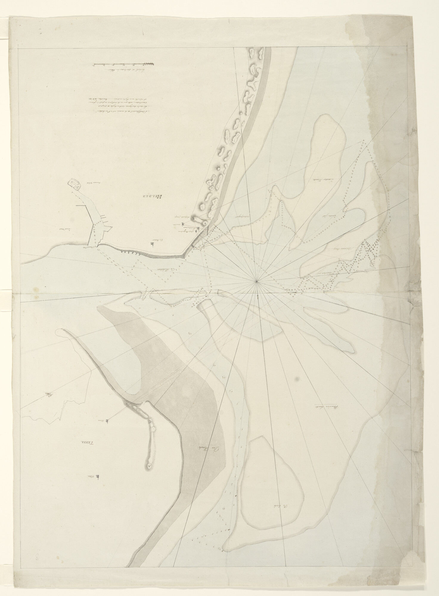 2023.0006; Zeekaart in handschrift van ingang van het Zeegat van Texel met het Marsdiep  tussen Texel en Den Helder, met de Haaksgronden; kaart