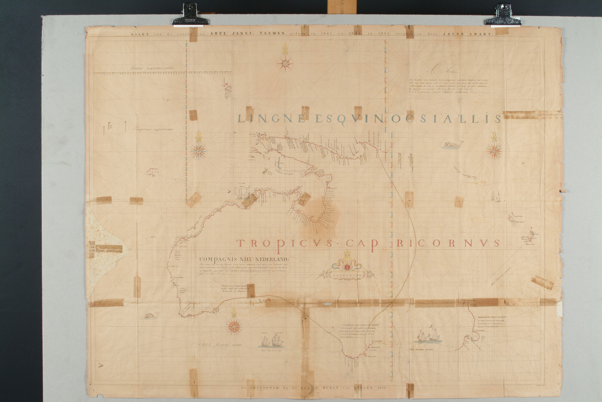 1998.3452; Gekleurde historische kaart van Australië waarop de reizen van Abel Jansz. Tasman van 1642 & 1644 zijn aangegeven; kaart