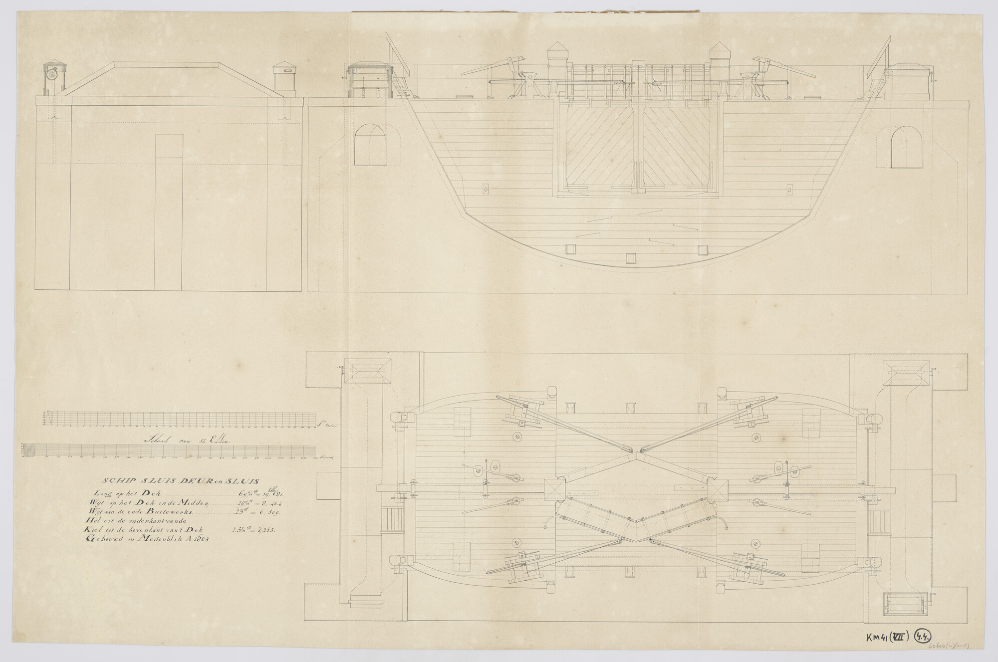 S.0600(01)018; Doorsneden en aanzicht van een schipsluisdeur (bateau-porte met sluisdeur) te Medemblik (1805); technische tekening