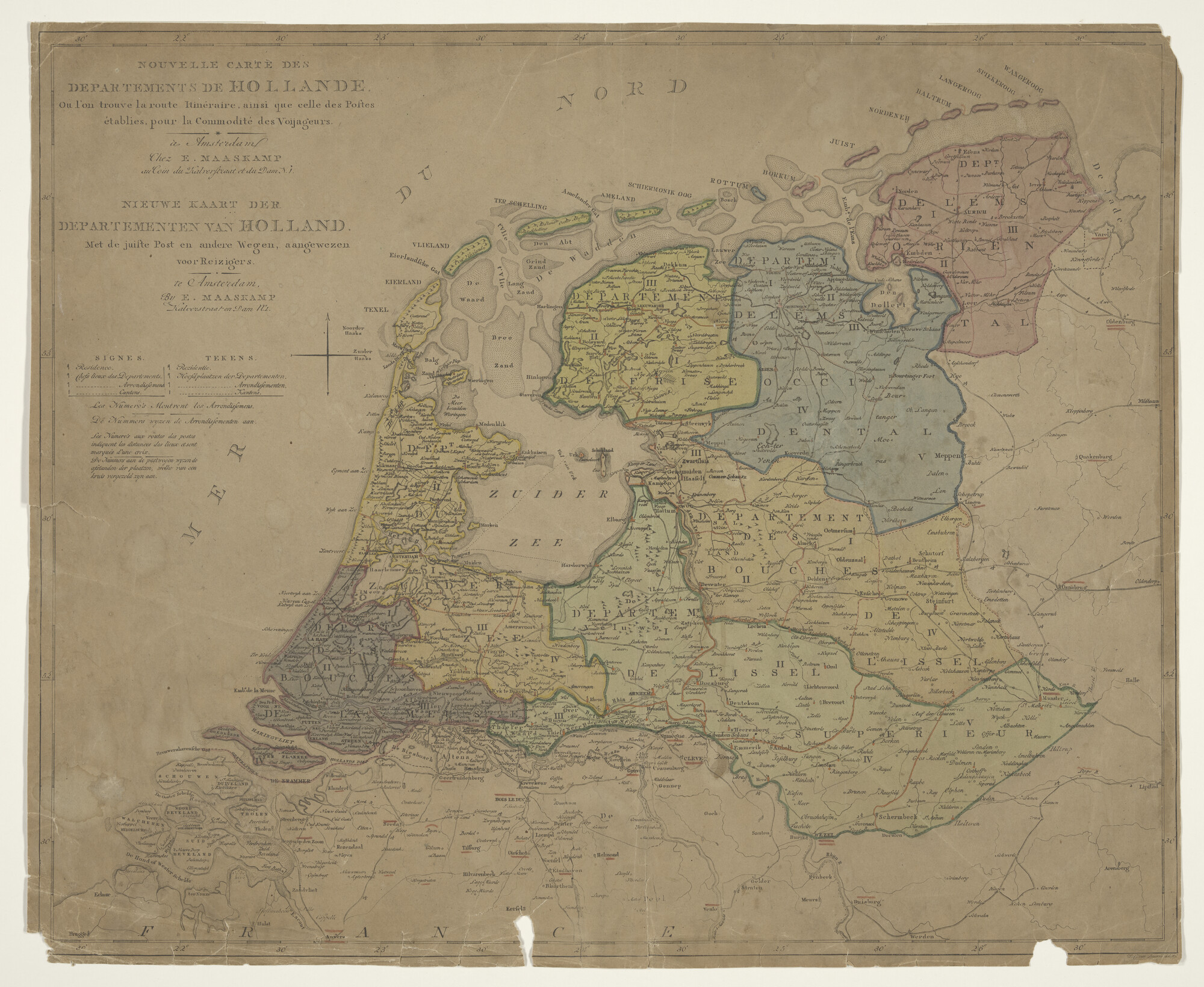 1995.6263; Met de hand gekleurde kaart (5e staat) van Holland, getekend & gegraveerd door Willem Cornelis van Baarsel (1791 - 1854); landkaart