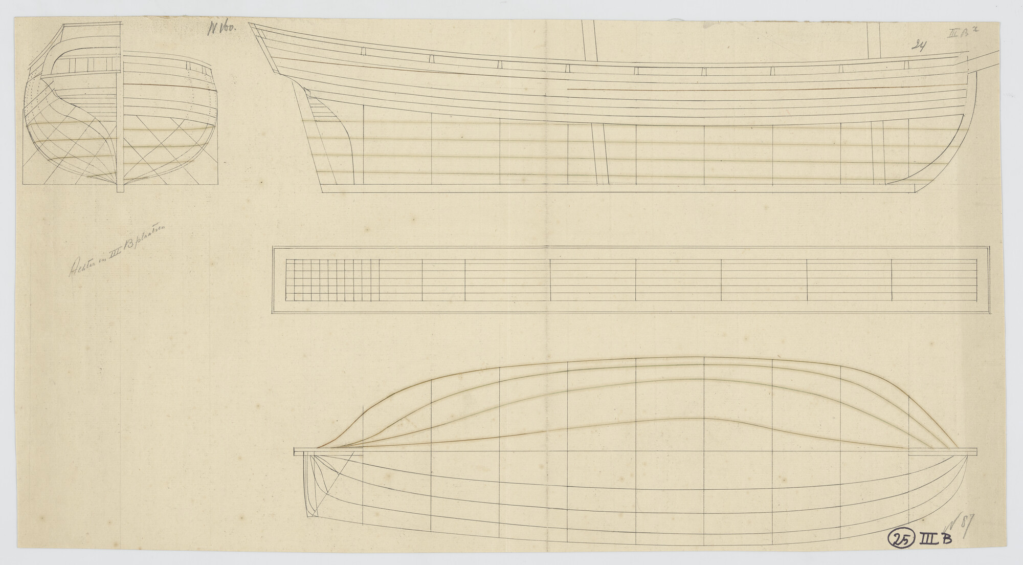 S.0305(53); Lijnenplan van een tweemastschip; technische tekening