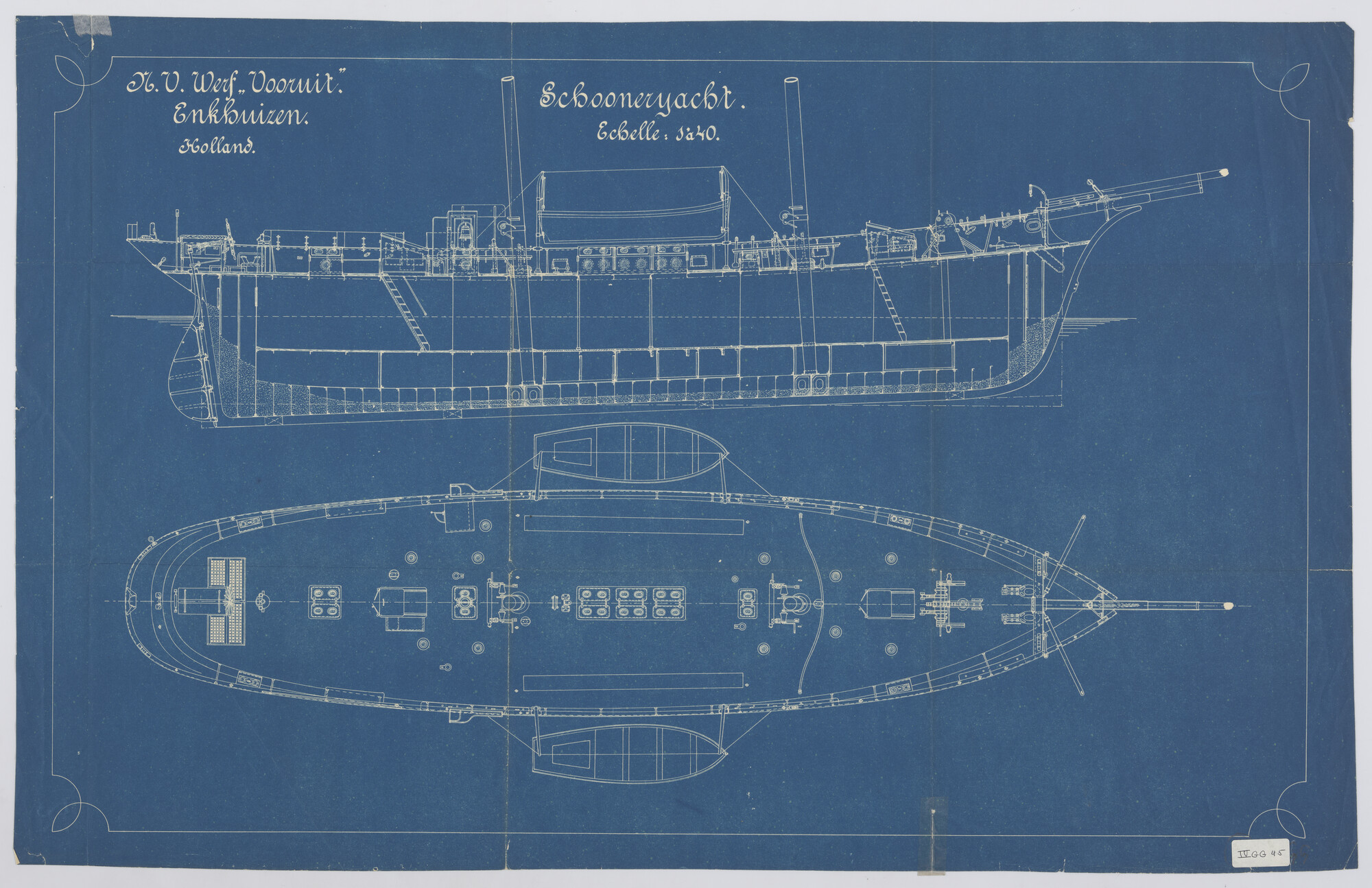 S.4465(b); Algemeen plan van een stalen loodsschoener in 1916; technische tekening