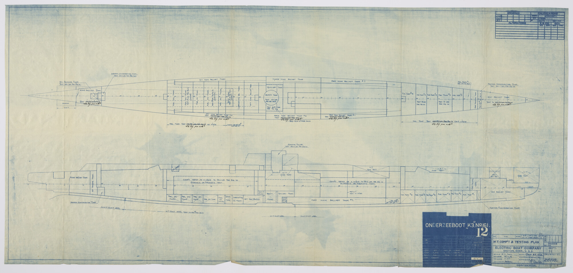S.2175(3902); Beproevinsplan waterdichte compartimenten van de onderzeeboot Hr.Ms. 'K III'; technische tekening