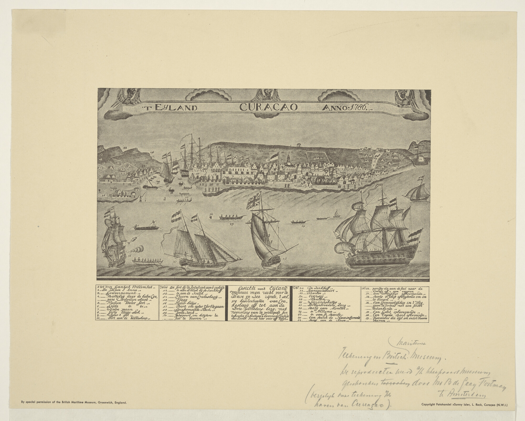 1995.1137; Gezicht op de haven van het eiland Curaçao anno 1786; tekening