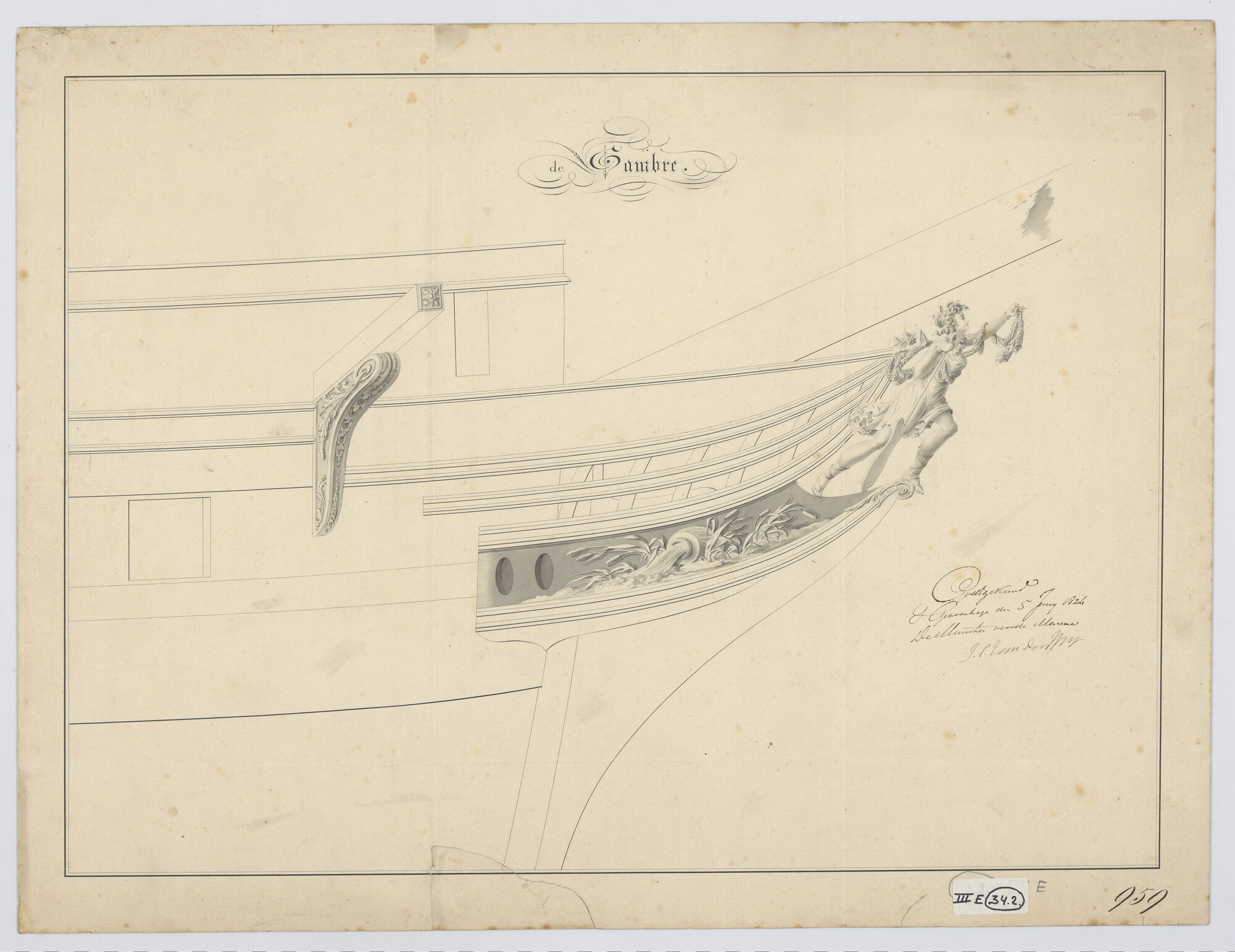 S.1214(0254); Scheg van het fregat 'Sambre'; technische tekening