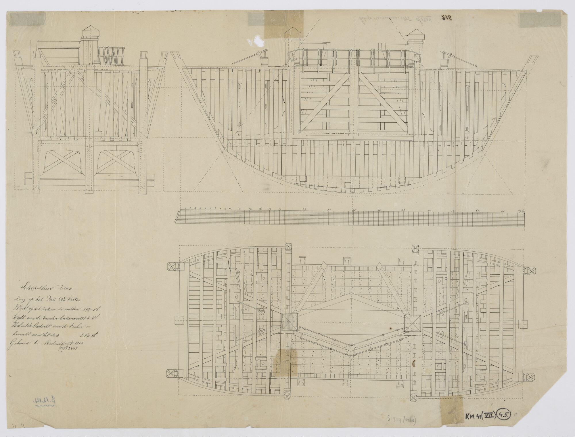 S.1214(0081); Doorsneden en aanzicht van een schipsluisdeur (bateau-porte met sluisdeur) te Medemblik (1805); technische tekening