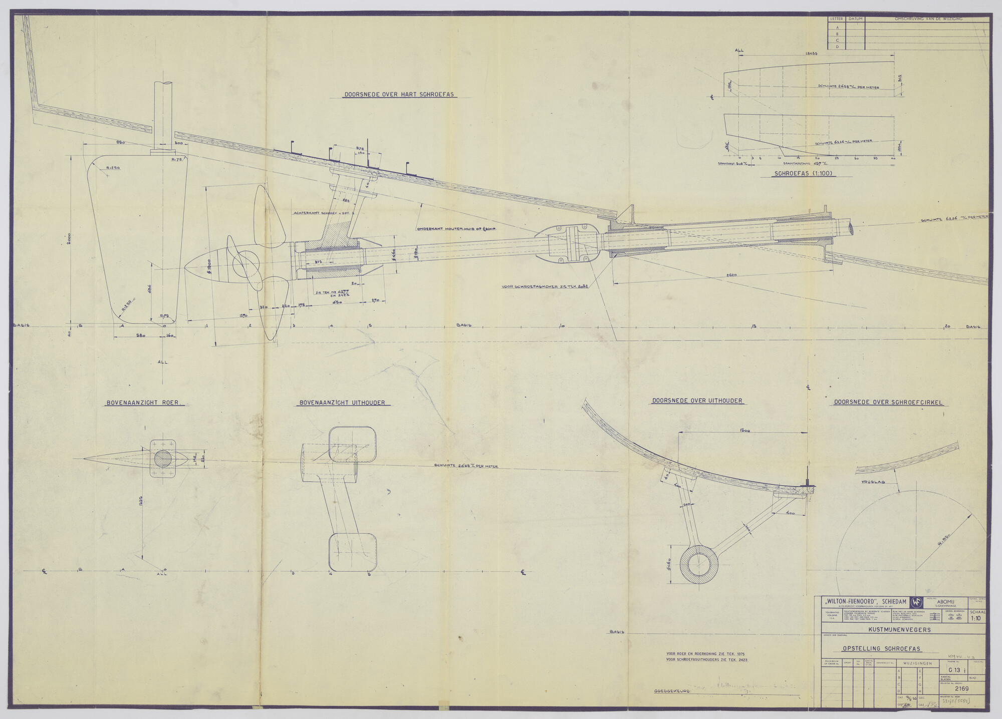 S.2175(5582); Opstelling schroefas van een houten kustmijnenveger uit de 'Dokkum'/'Wildervank' klasse (32 schepen, in Nederland gebouwd, 1954-1957); technische tekening