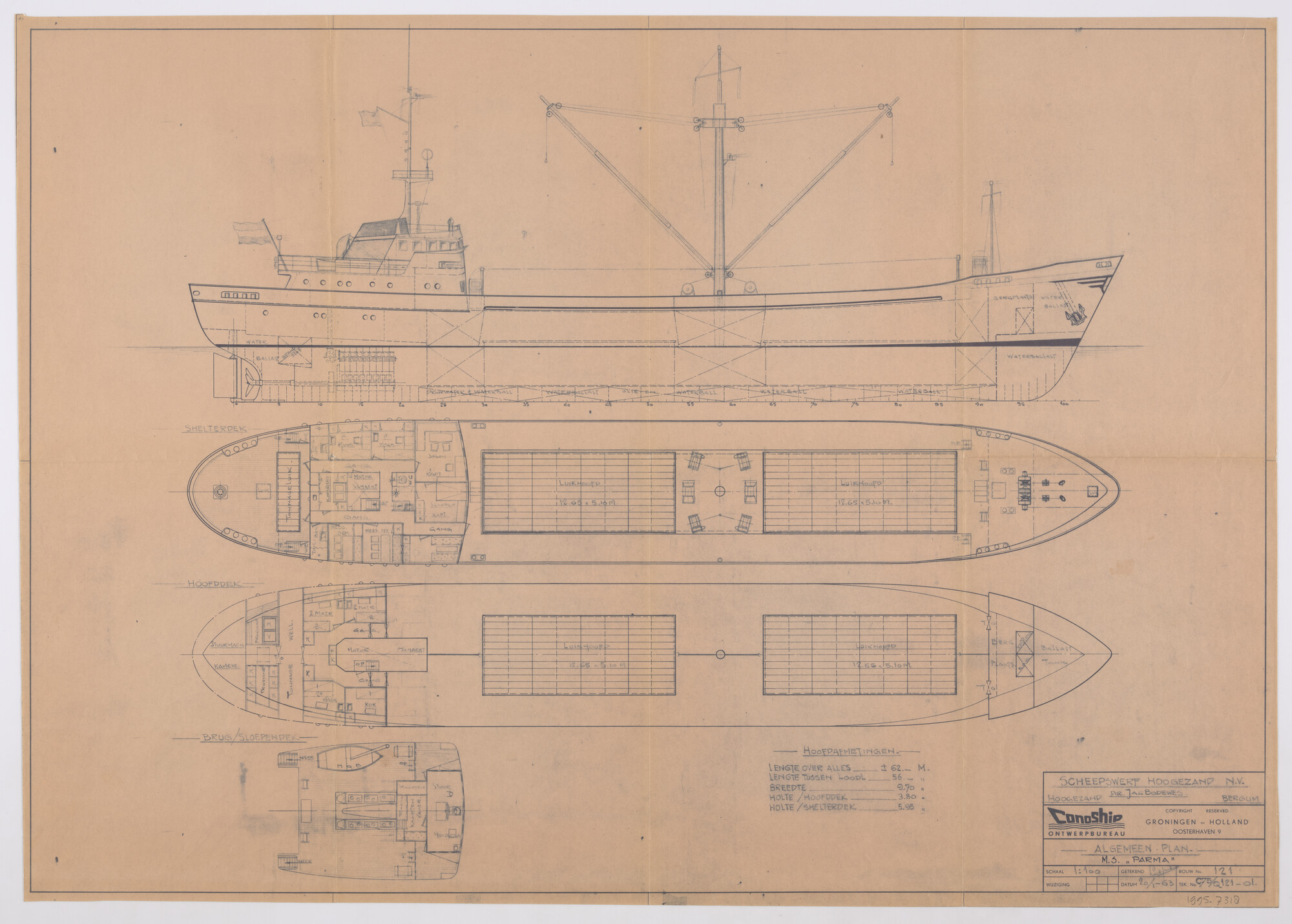 1995.7318; Algemeen plan (1:100) van de coaster ms. Parma van Rederij Parma [...]; technische tekening