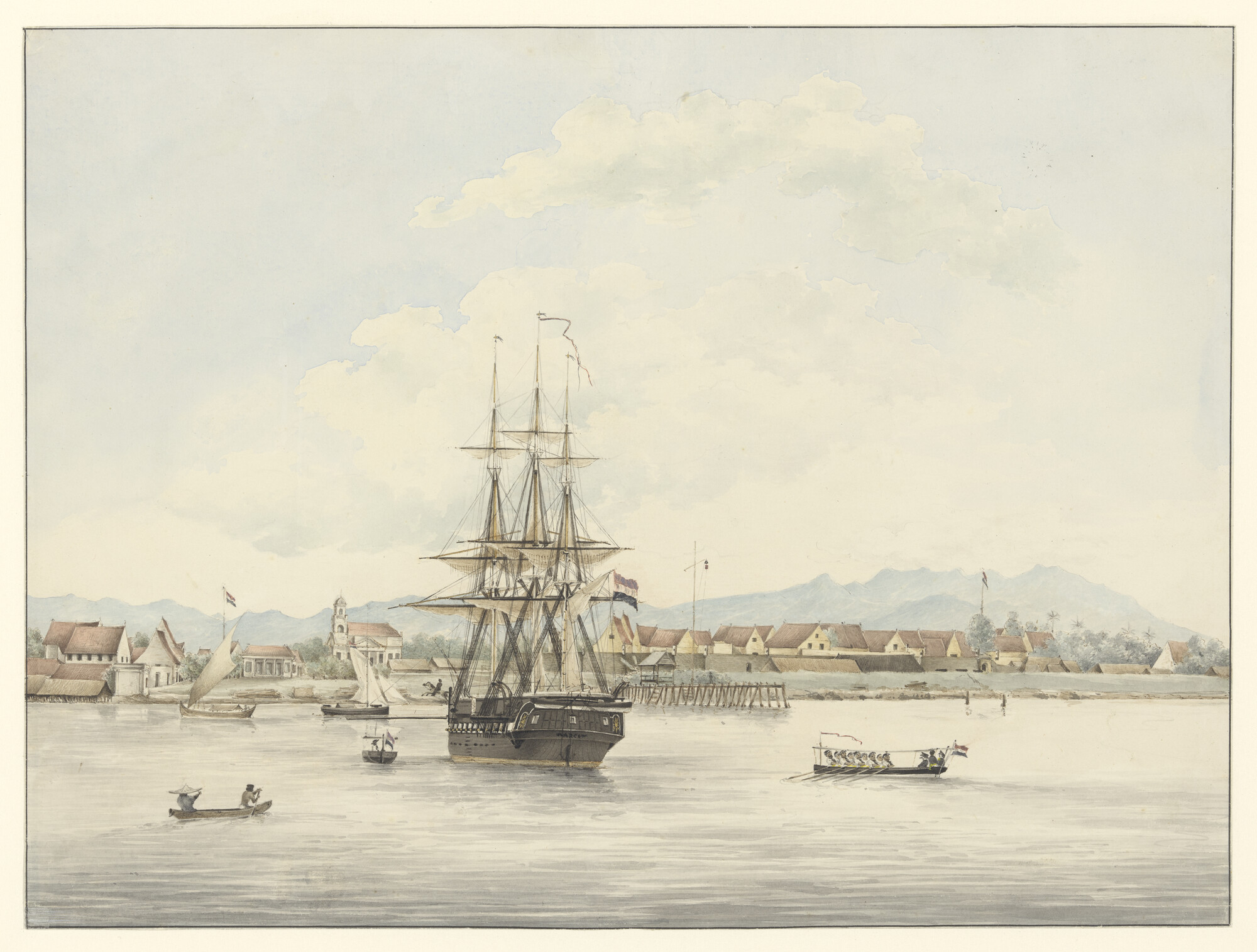 A.2961(01); Kuilkorvet 'Argo' op de rede van Makassar; tekening