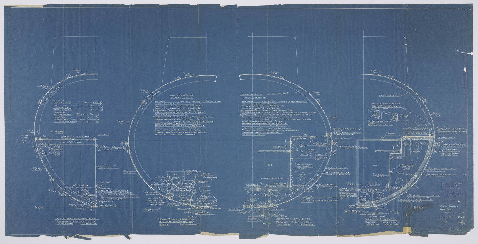 S.2175(3833); Dwarsdoorsnede over het grootspant aan boord van de onderzeeboot  Hr.Ms. 'K II'.; technische tekening