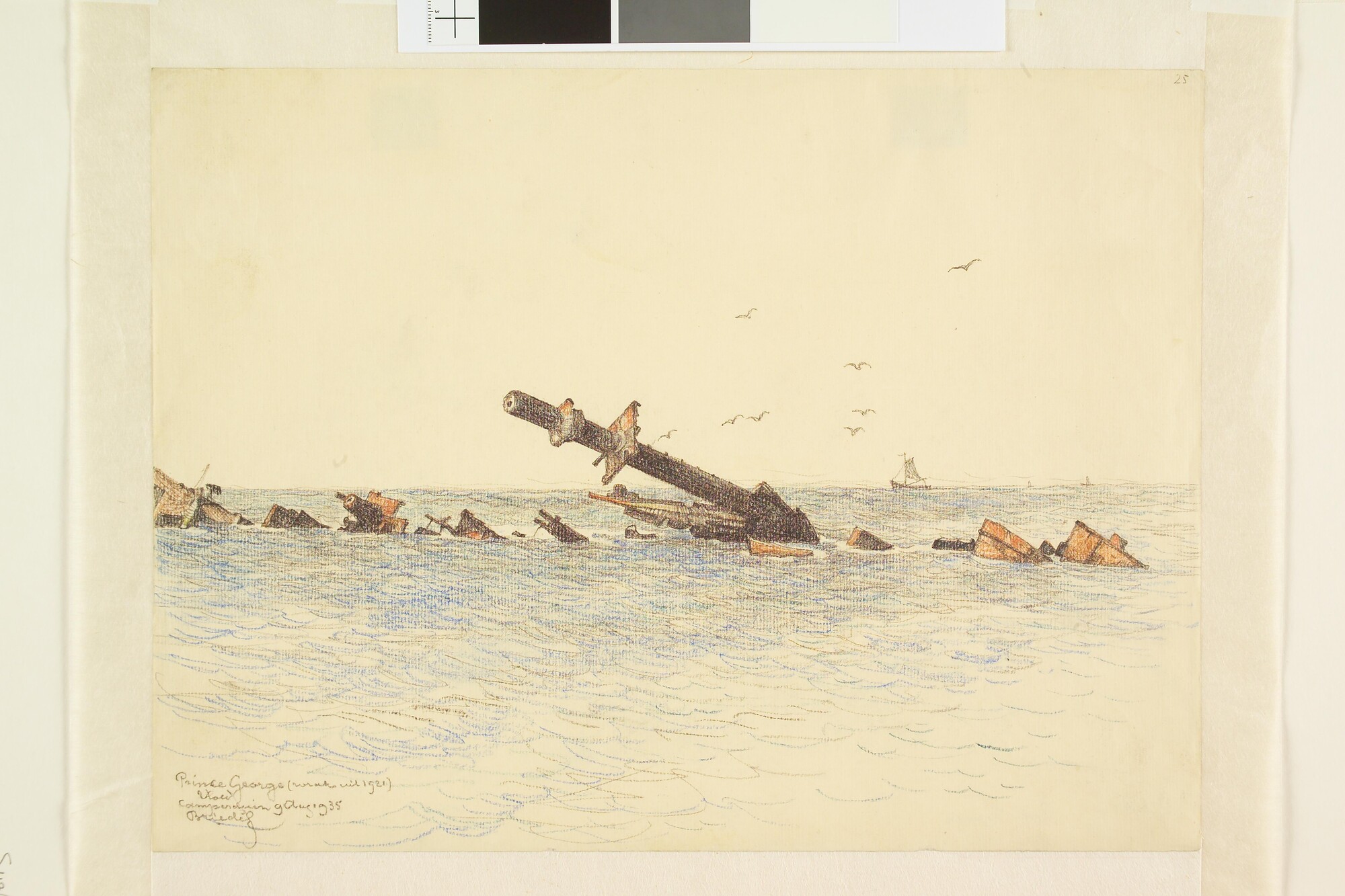 S.4364(09); Het wrak van de Britse kruiser HMS Prince George op het strand van Kamperduin; tekening