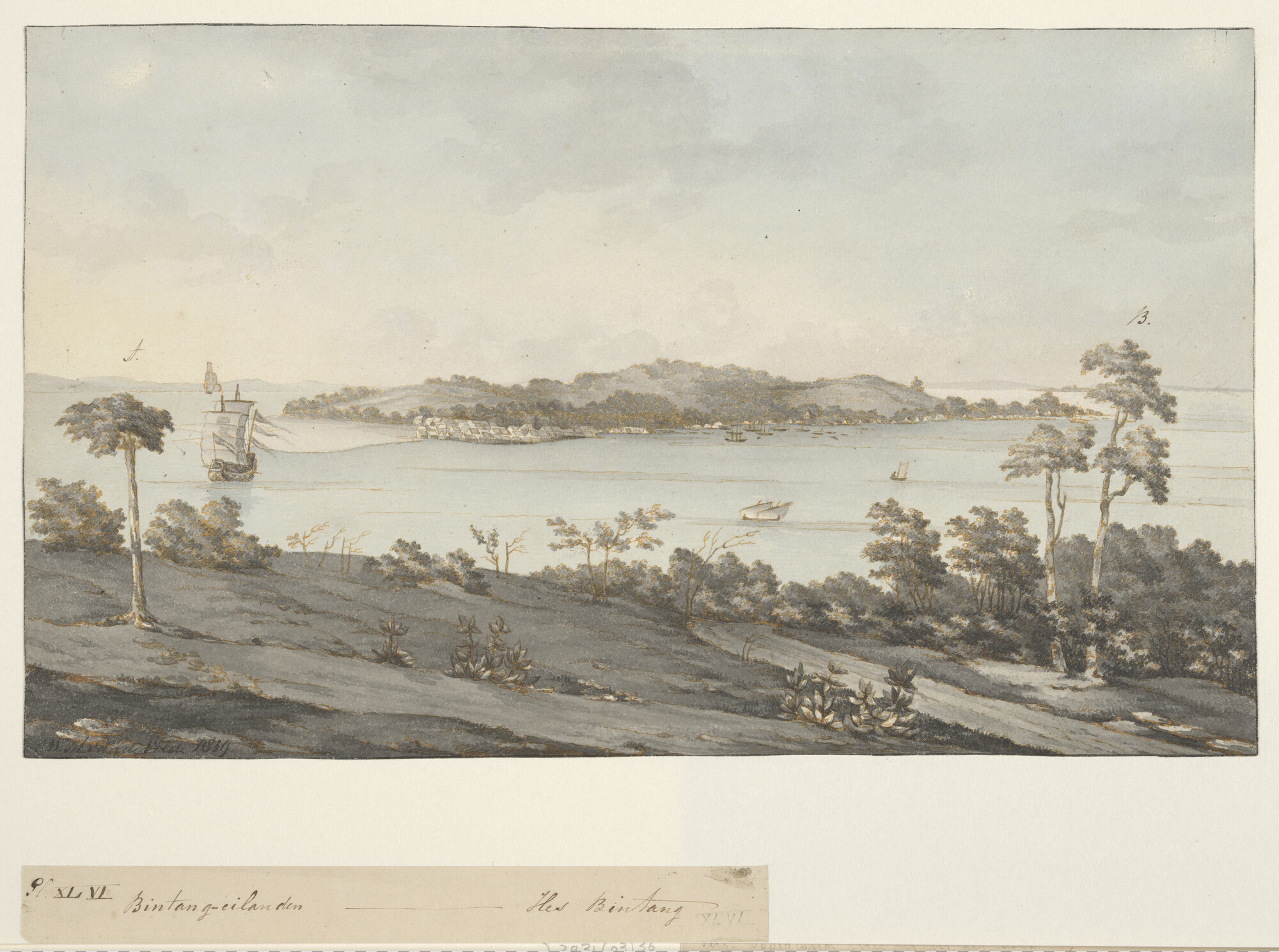 S.2931(03)36; Het eiland Mars of Poelo-Penjingat met de rede van Riouw; tekening