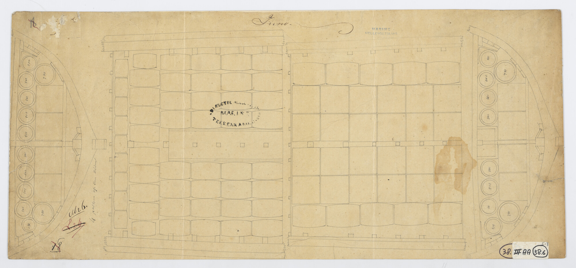 S.1214(0180); Stuwplan van het korvet Zr.Ms. Juno.; technische tekening