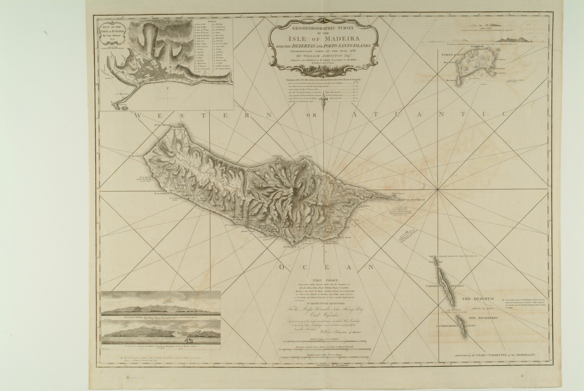 S.0521(125)1; Kaart van het eiland Madeira en de Dezertas en Porto Santo Eilanden opgenomen in 1788 door William Johnston, opgedragen aan John Henry graaf Wycombe; landkaart