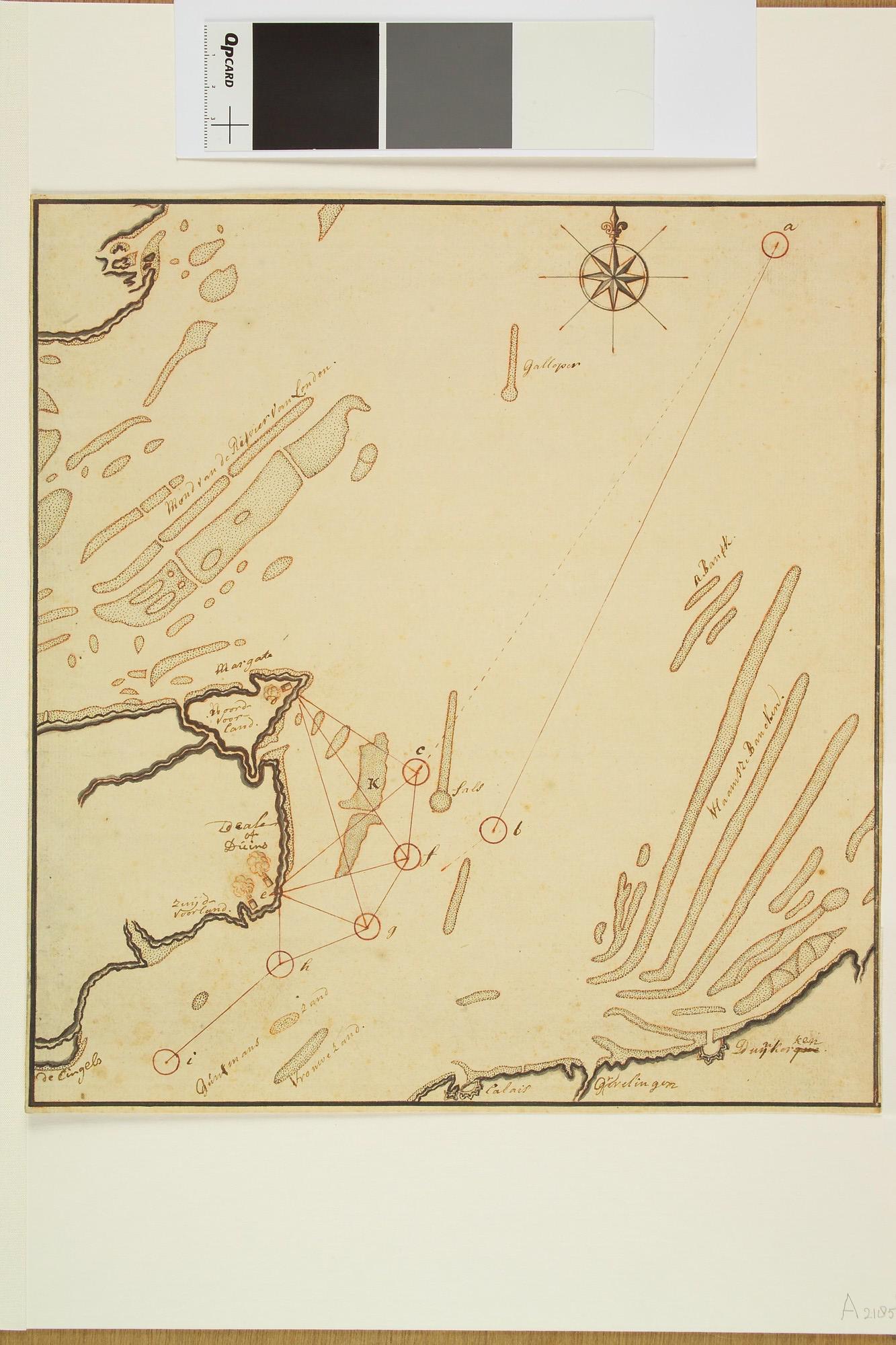 A.2185(09); Kaart van de kust van Duins en de ligging van de schepen; tekening