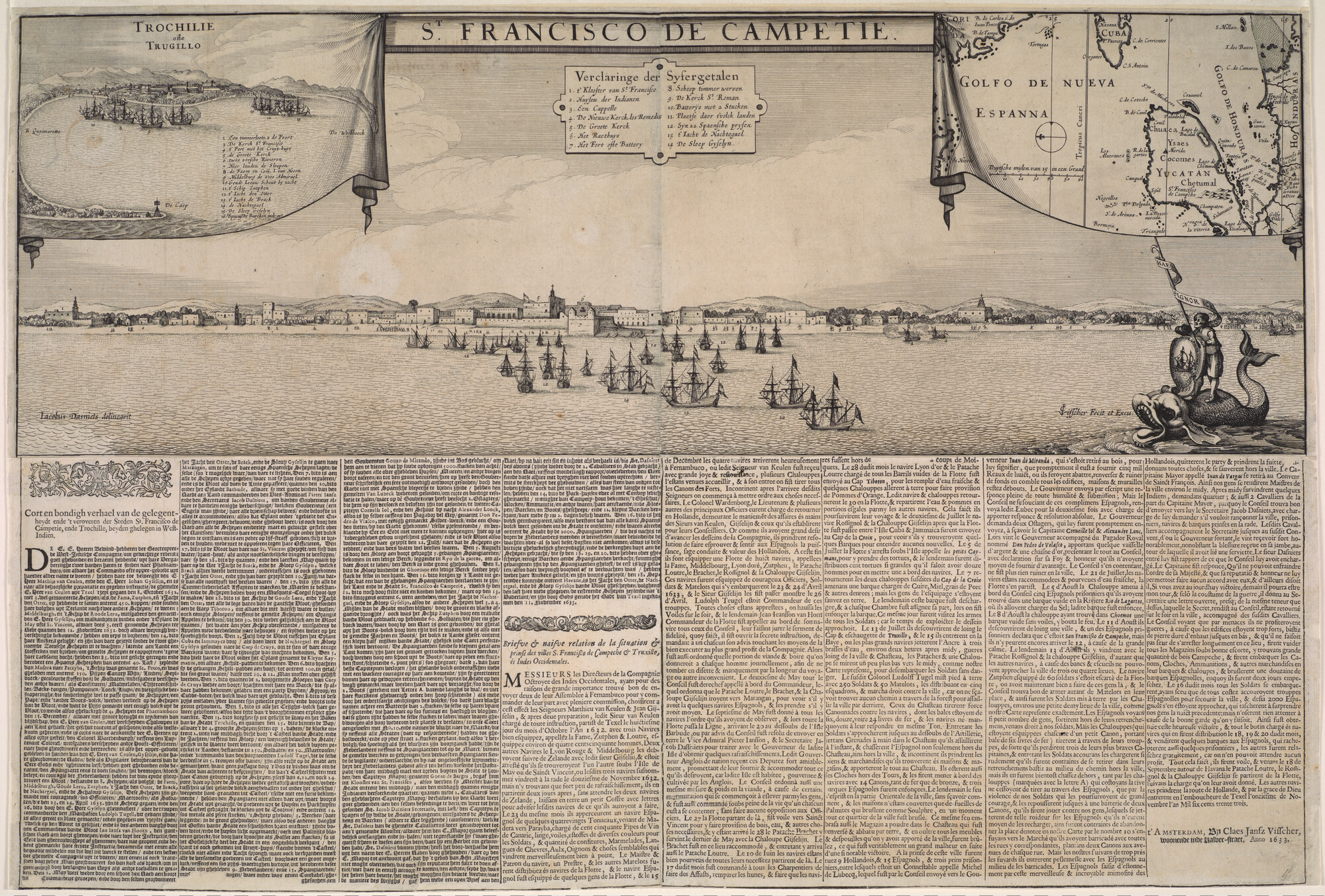 A.0145(250)4; De verovering van Truxillo (Trogillo) in Honduras en de strooptocht bij en in St. Francisco de Campetie, 1633; prent