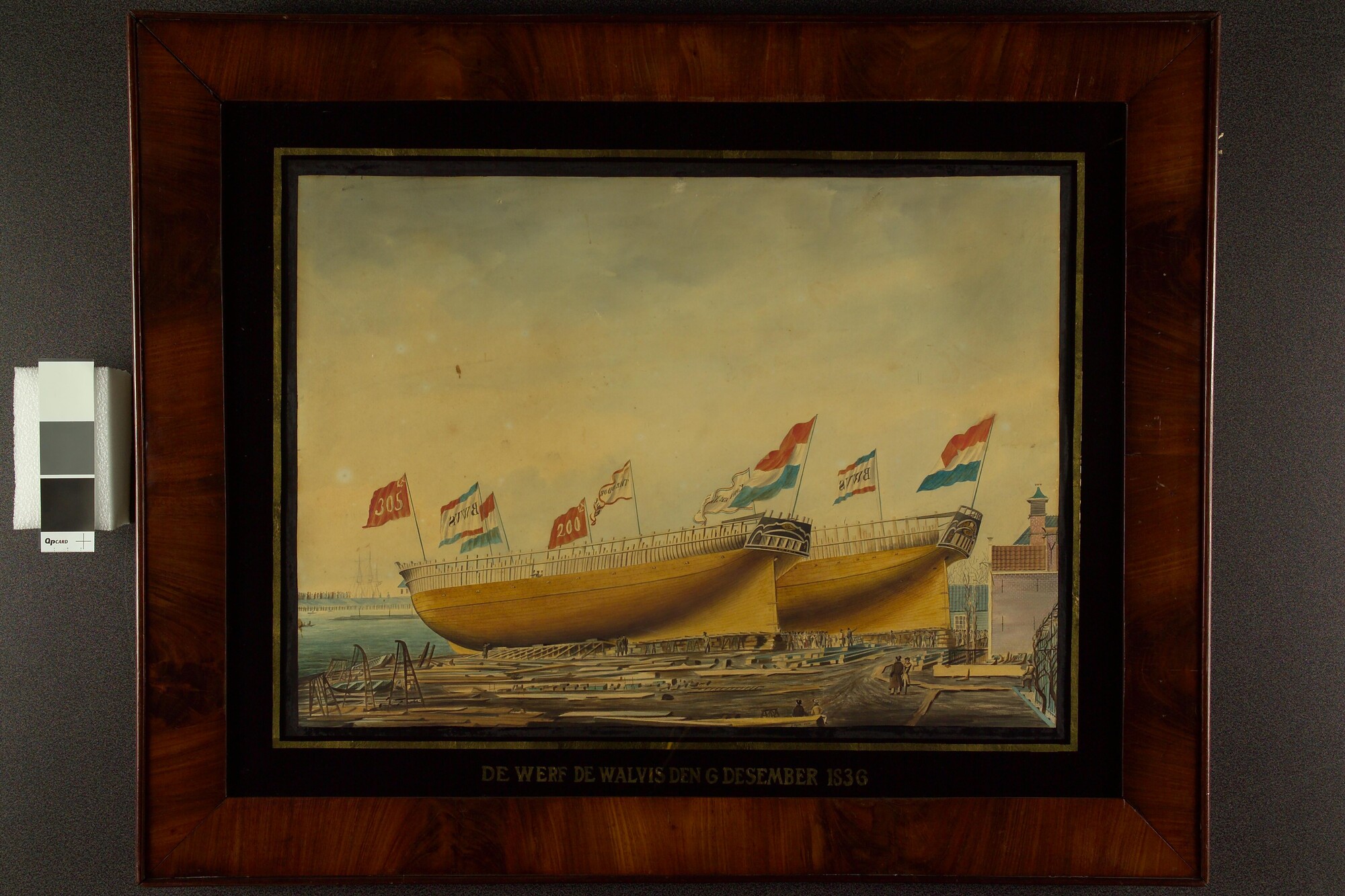 A.3124; Het fregatschip Koning der Nederlanden en het barkschip Theodora en Sara op de werf De Walvis in Amsterdam; tekening