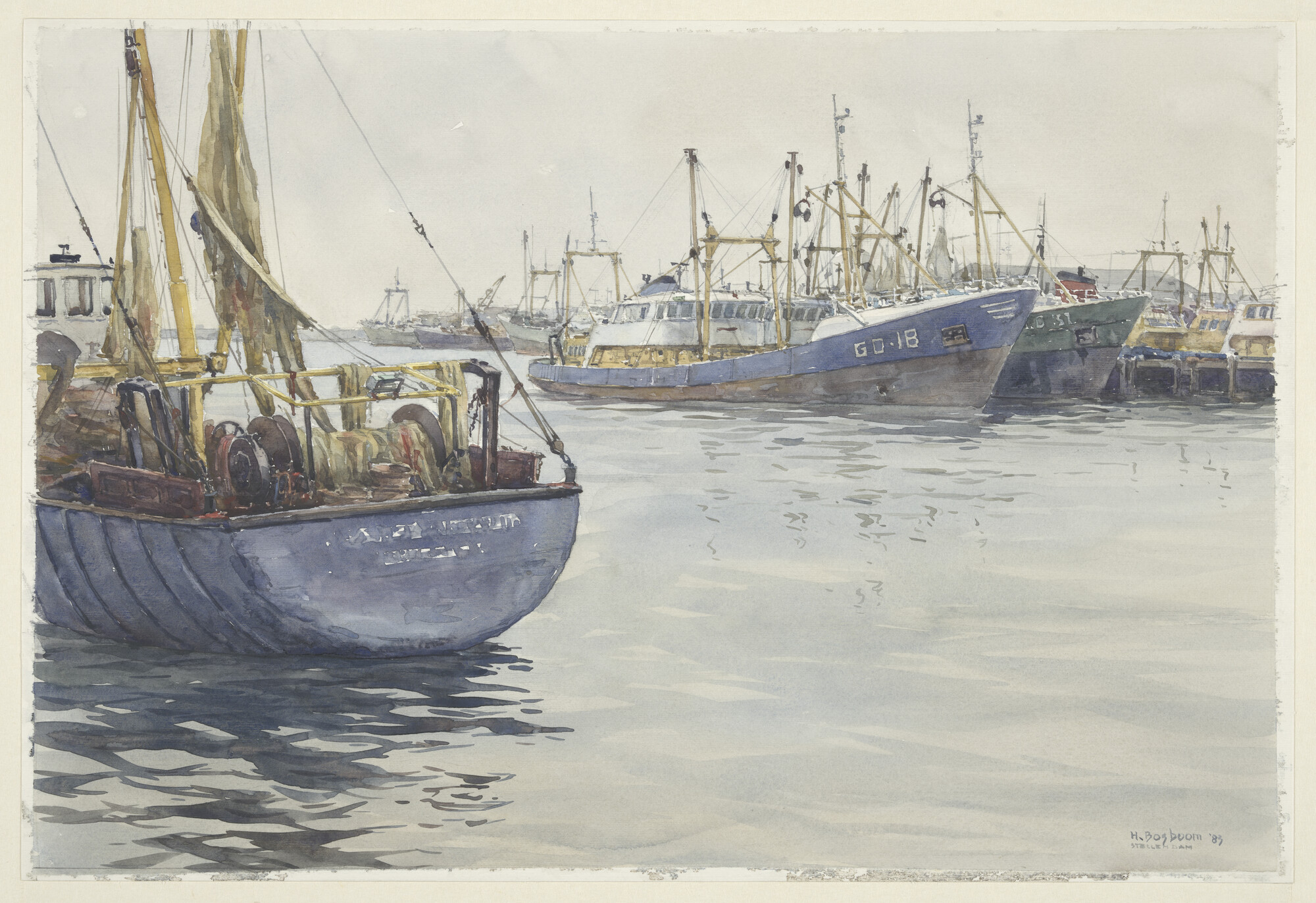 A.5514(01); Kotters waaronder de 'GO 18' in de haven van Stellendam, 1983; tekening