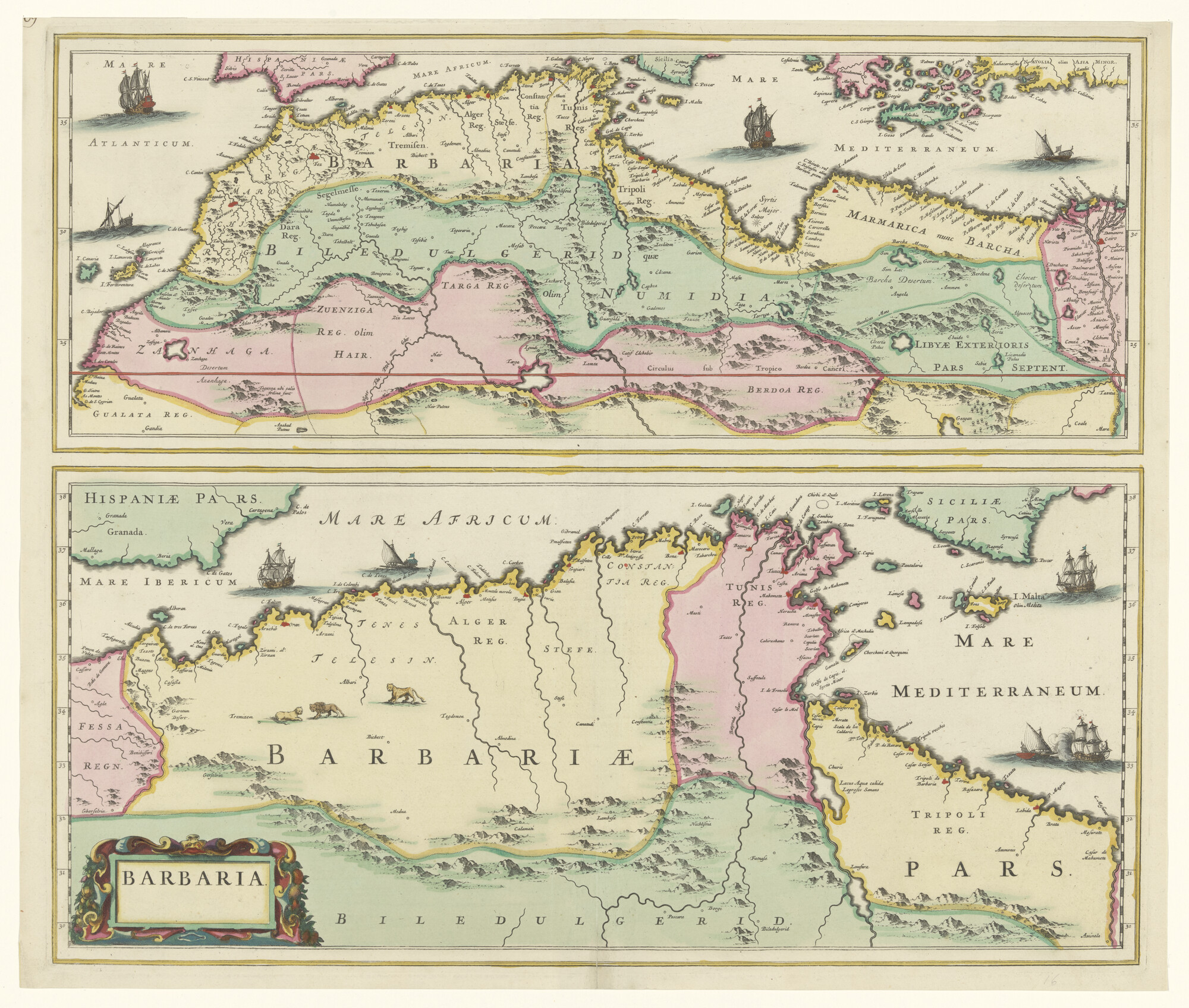 A.3845(01)064; Twee met de hand gekleurde kaarten op een plaat, van Noord-Afrika; landkaart