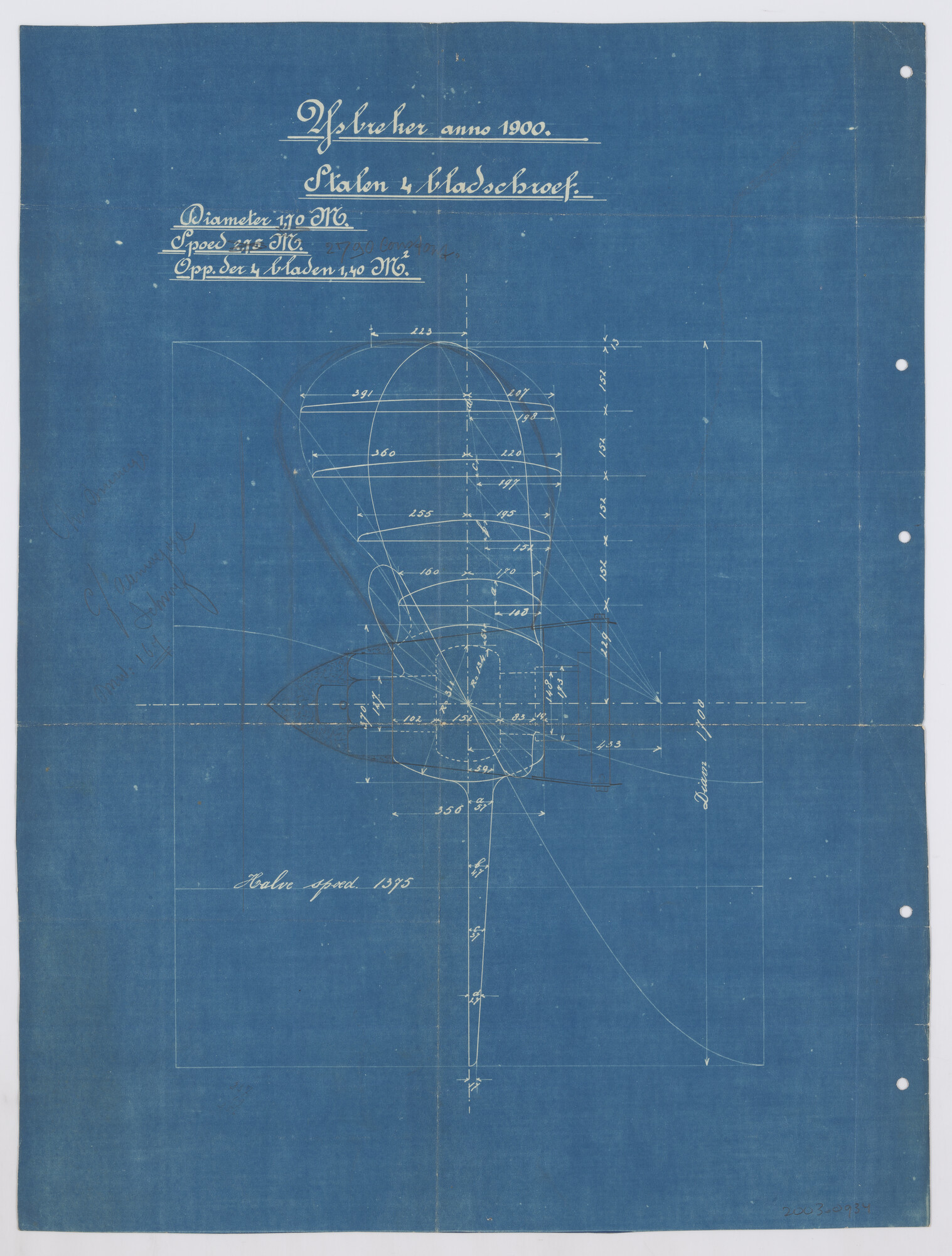 2003.0934; Constructietekening schroef van de ijsbreker ss. Christiaan Brunings; constructietekening