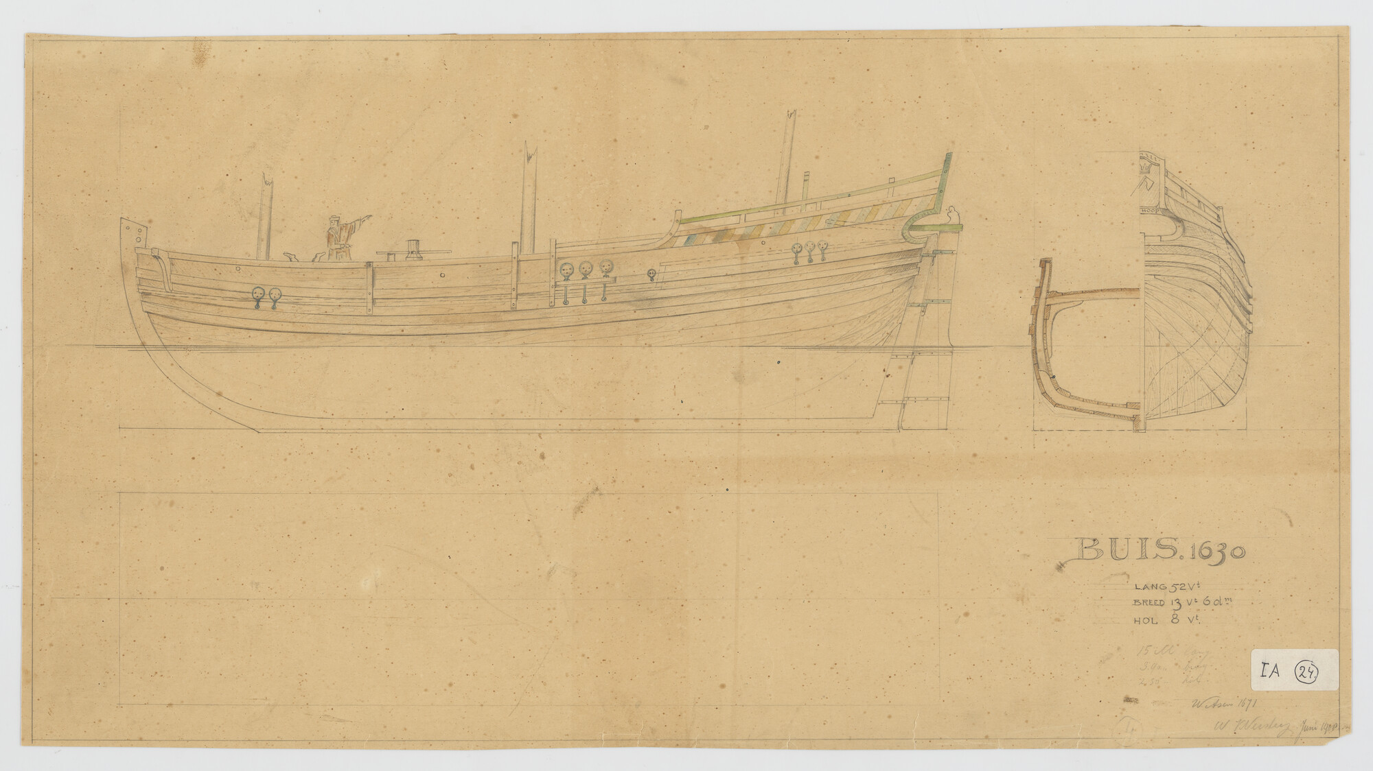 S.0594(01); Reconstructie tekening van een buis (1630) met afmetingen 52 x 13.6 x 8 voet; technische tekening