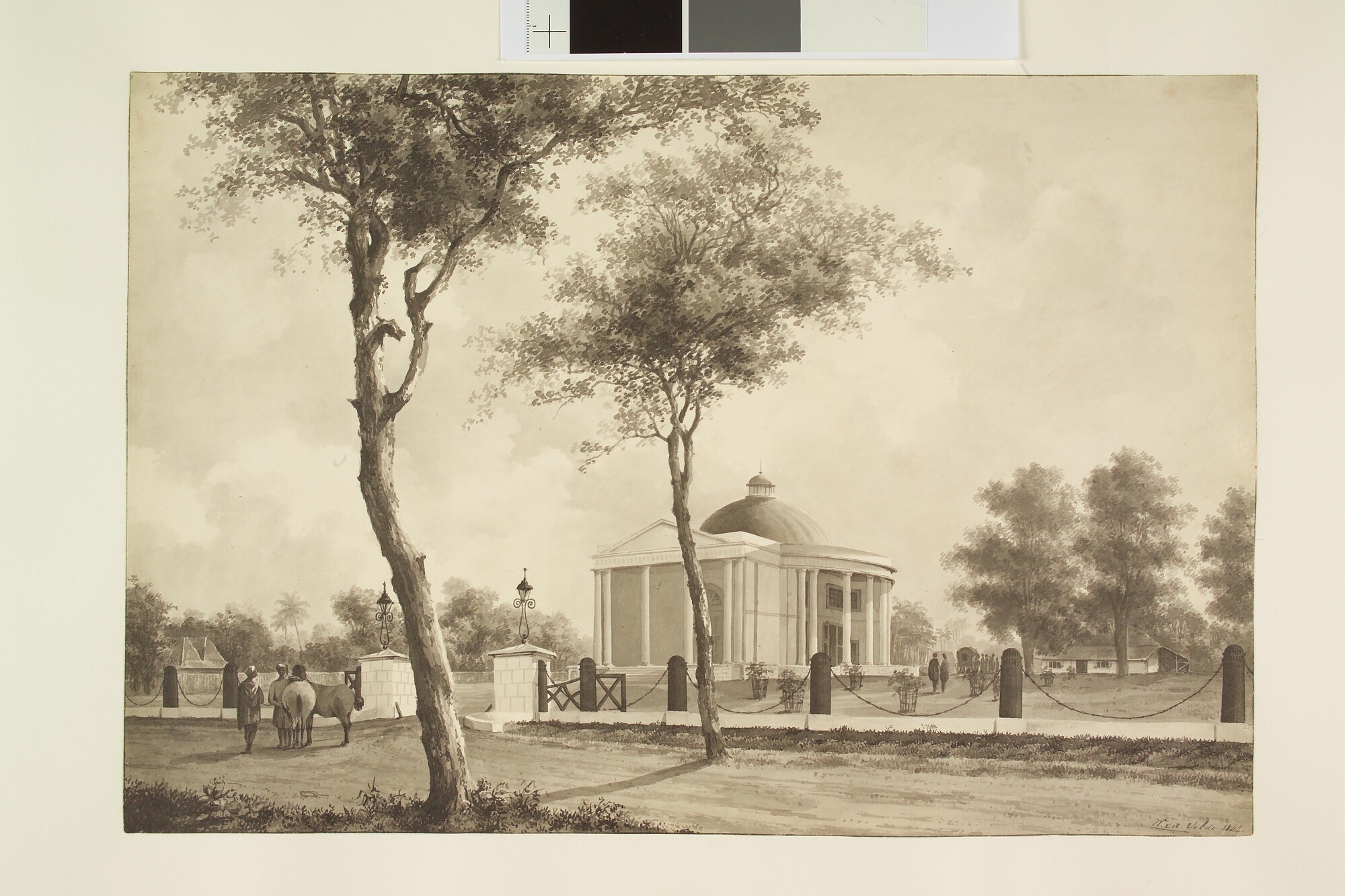 S.2931(03)03; Gezicht op de Willemskerk in Weltevreden, dichtbij Batavia, op Java; tekening
