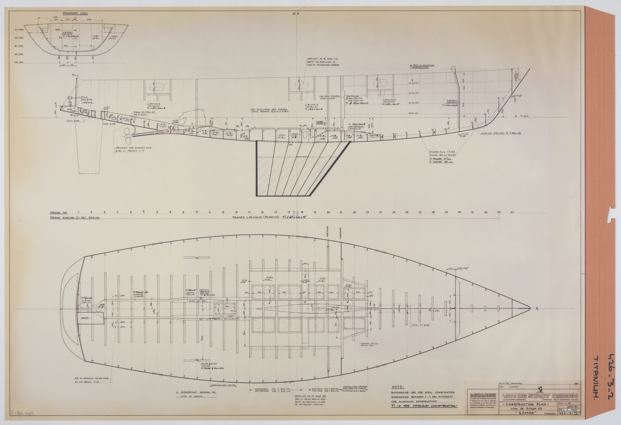 2015.4827; Constructieplan Van de Stadt 47' - Samoa, titanium; technische tekening
