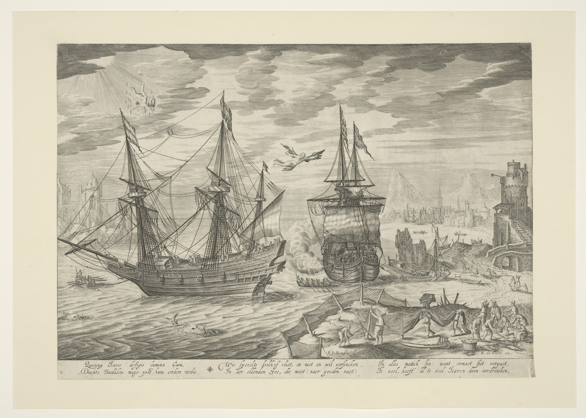 A.0145(121)3; Haven met schepen, met daarboven de val van Icarus; prent