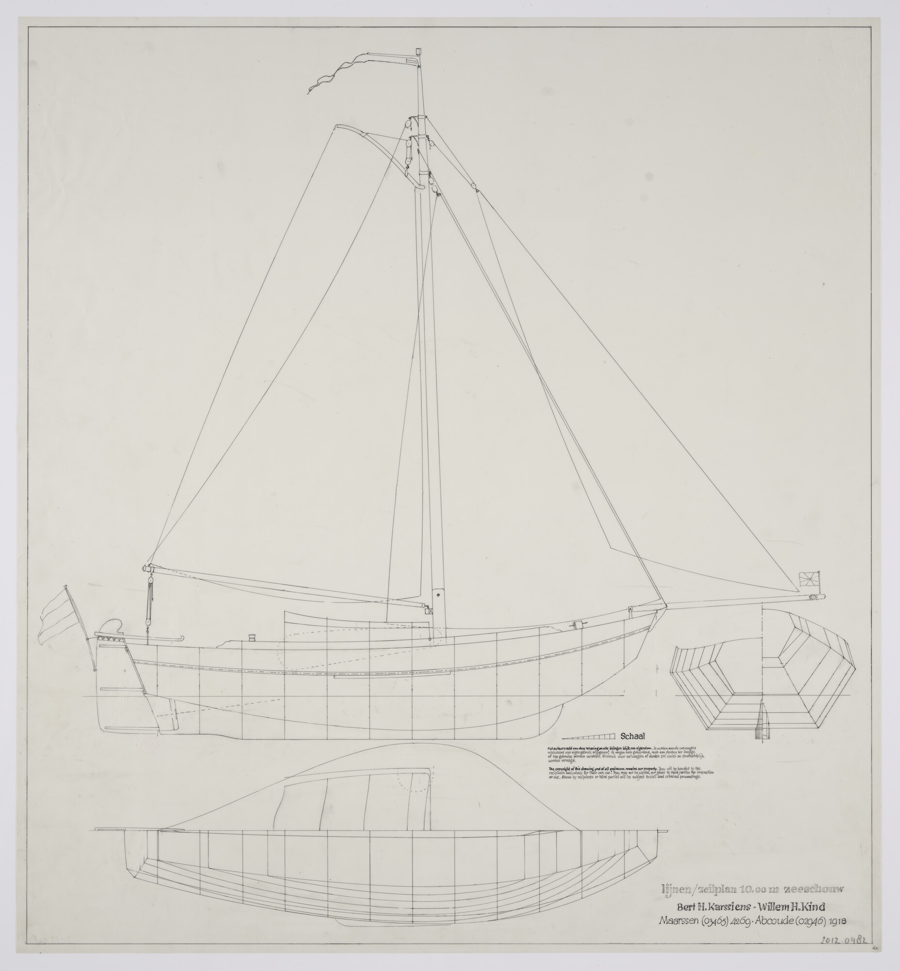 2012.0482; Lijnenplan van een zeeschouw van 10 m; technische tekening