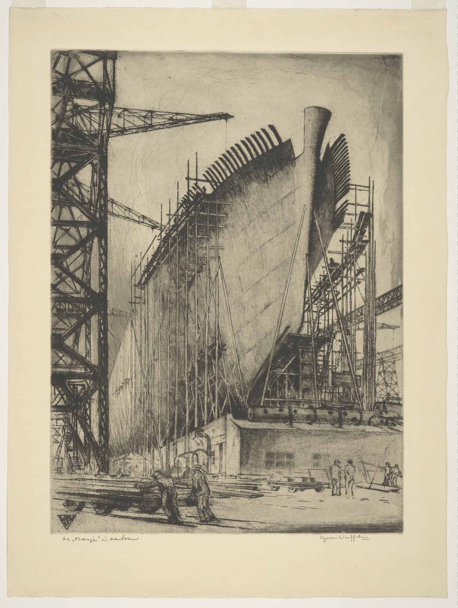 A.2409(03); Het mailschip ms. Oranje van de SMN in aanbouw op de werf van de NSM; prent