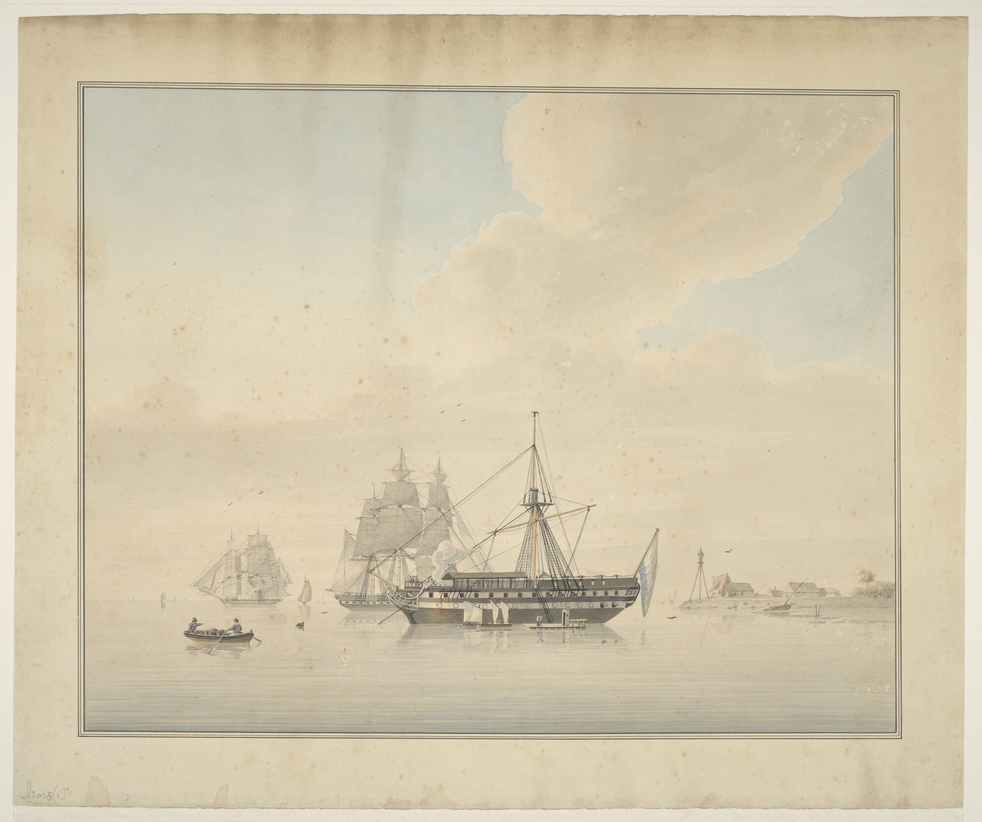A.2035(01)2; Het wachtschip Zr.Ms. 'Zeeland' ten anker liggend; tekening