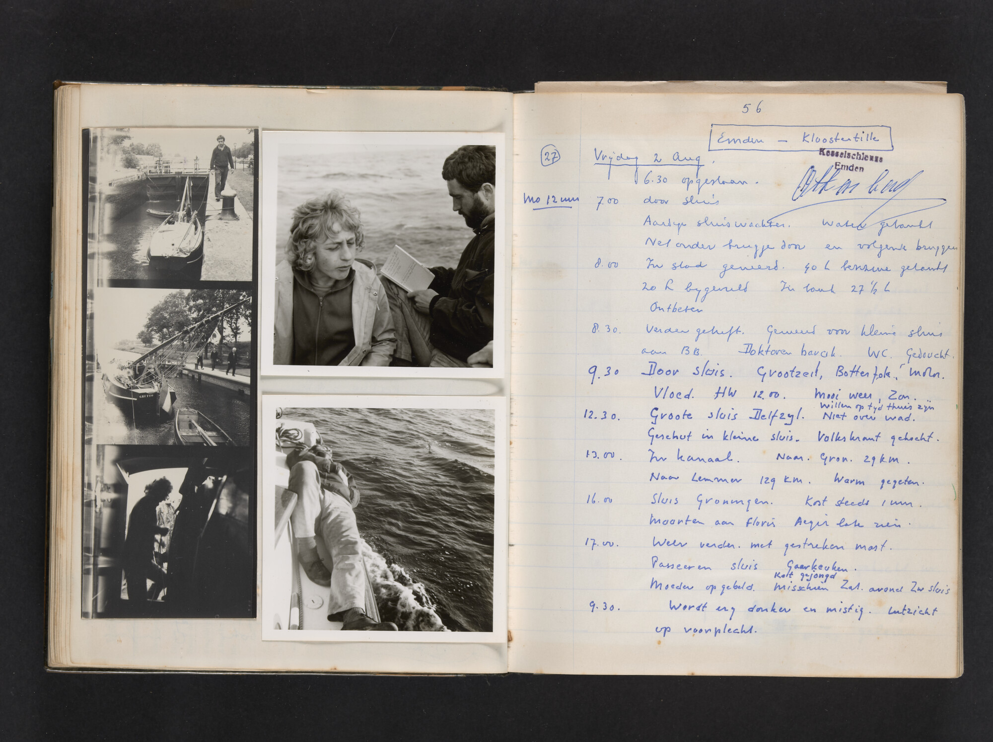 2017.0802; Logboek c.q. fotoalbum van reizen met zeeschouw Grutto (II) in Nederland, Duitsland en Denemarken, 1973-1974; logboek