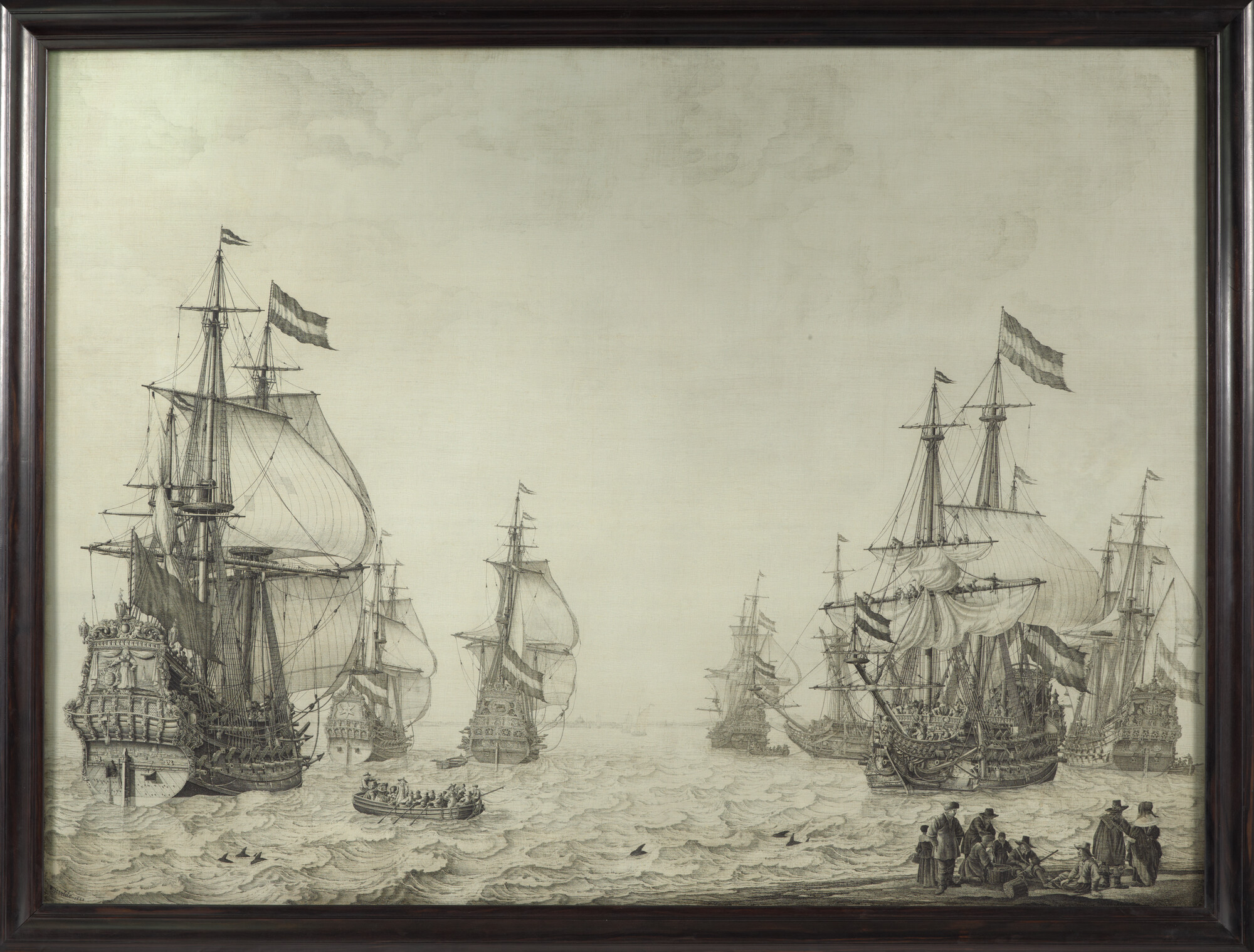 A.0028; Een eskader Nederlandse fregatten gaat ten anker voor de kust; schilderij