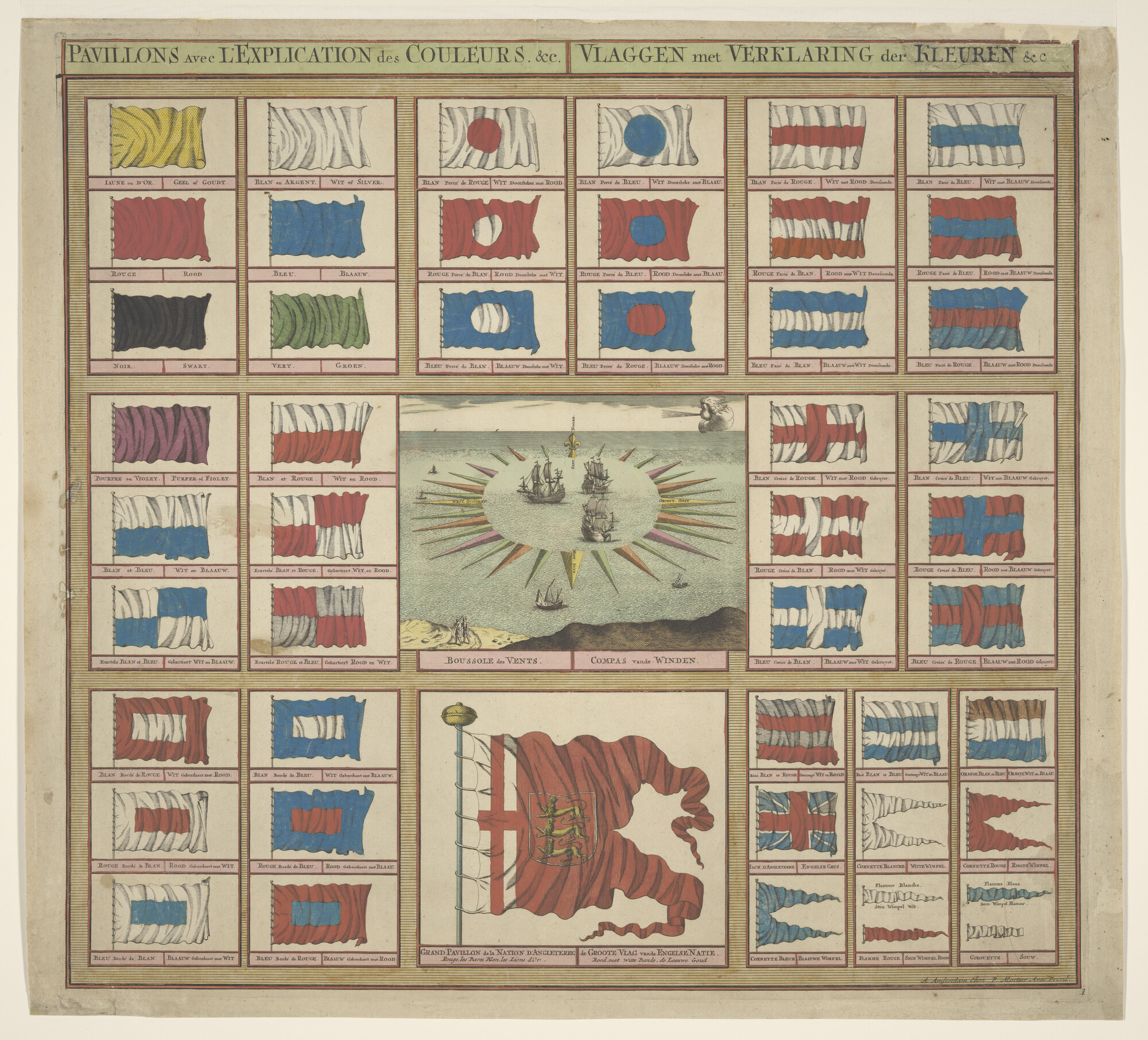 A.0386(03)01; Vlaggenkaart uit een serie van 12 kaarten met 48 vlaggen met verklaring van de kleuren [en] een kompasroos [en] de engelse natie vlag; prent