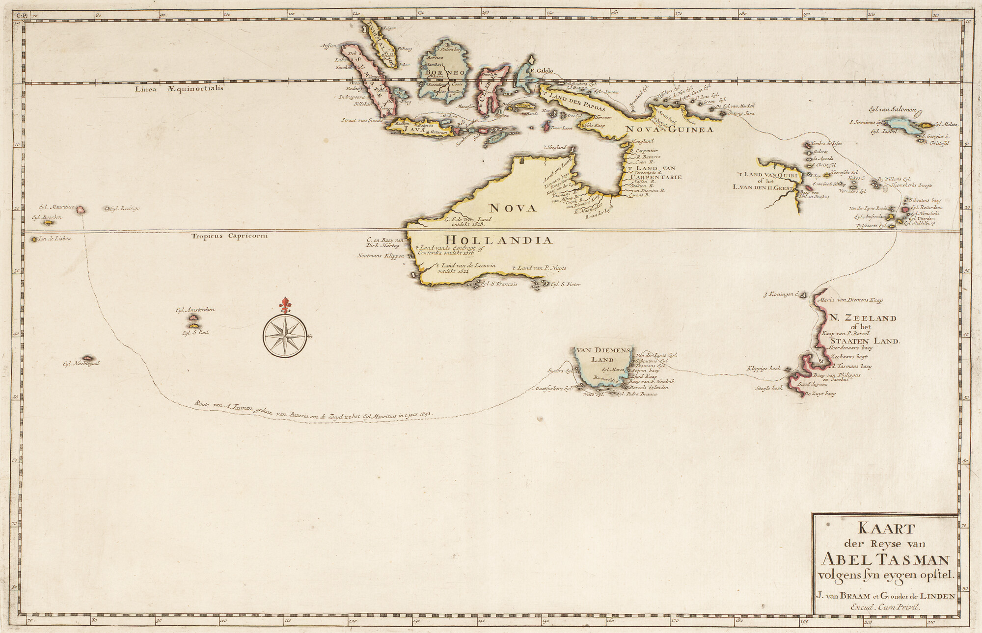 B.0032(109)6 [kaart 182]; Kaart van Indonesië, Australië en Nieuw-Zeeland met de route van de reis van; kaart