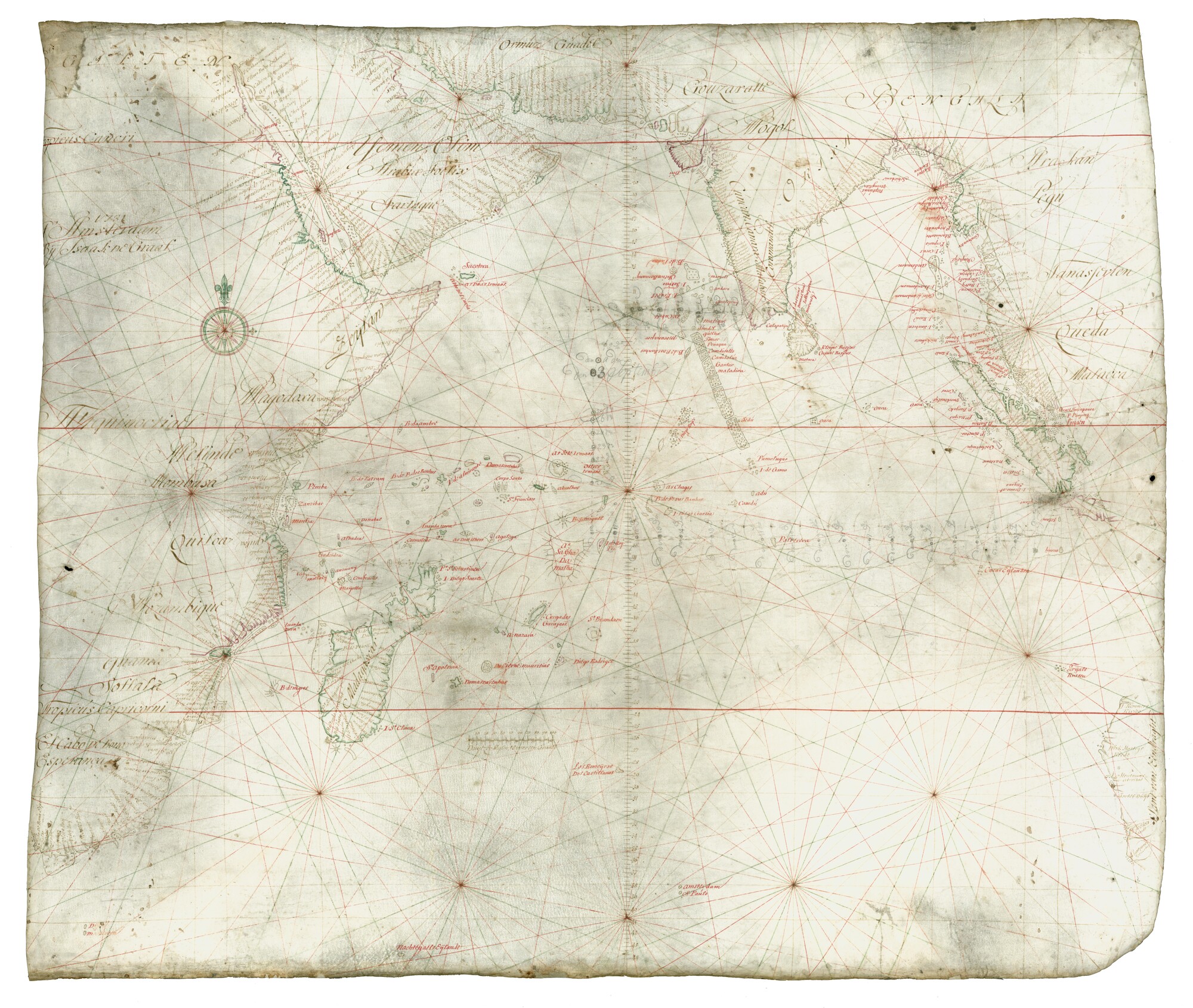 A.0145(127)2; Zeekaart van de Indische Oceaan, met Afrika en een gedeelte van de Australische kust (Land van de Eendracht); perkamentkaart