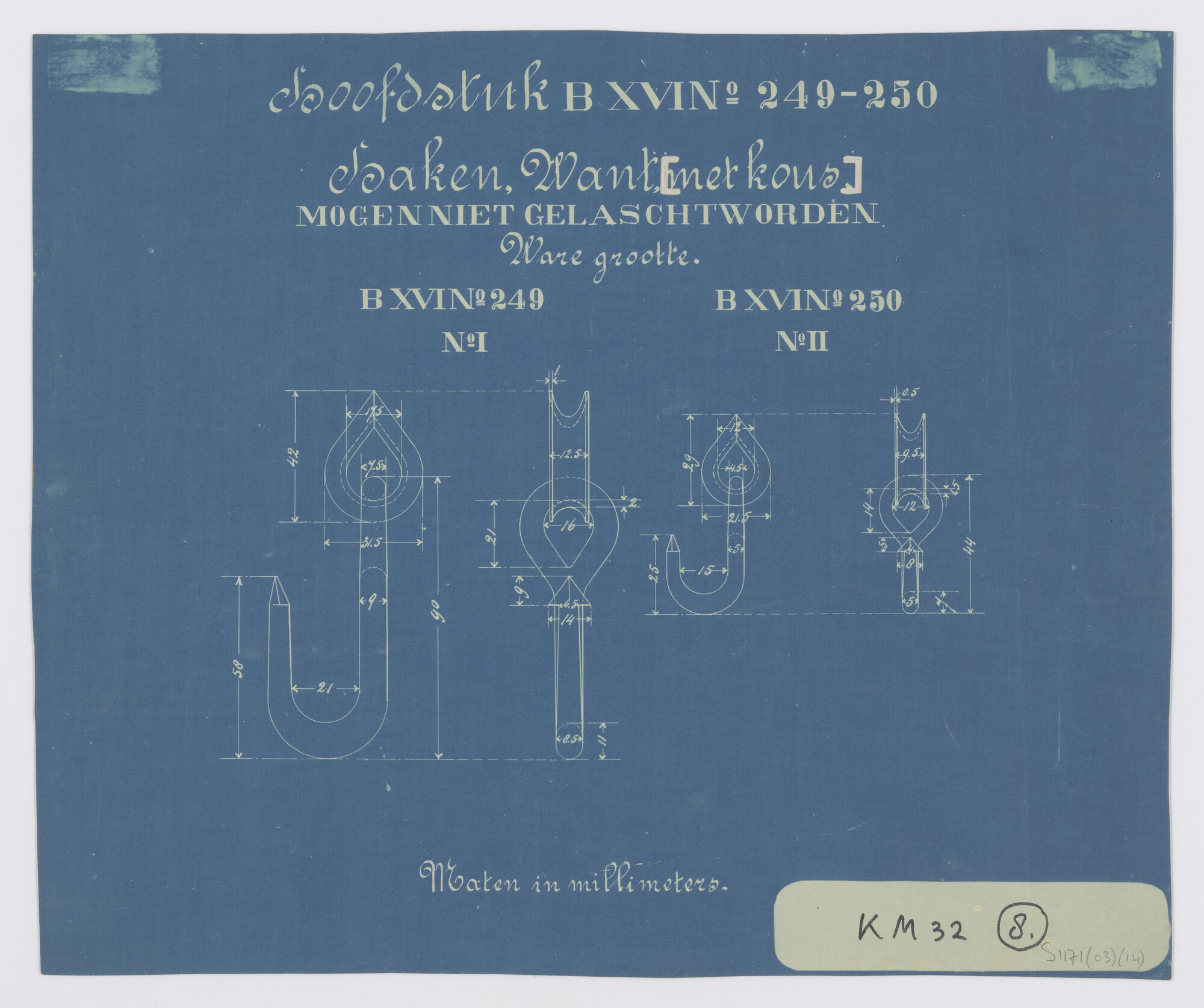 S.1171(03)14; Wanthaken met kous; technische tekening