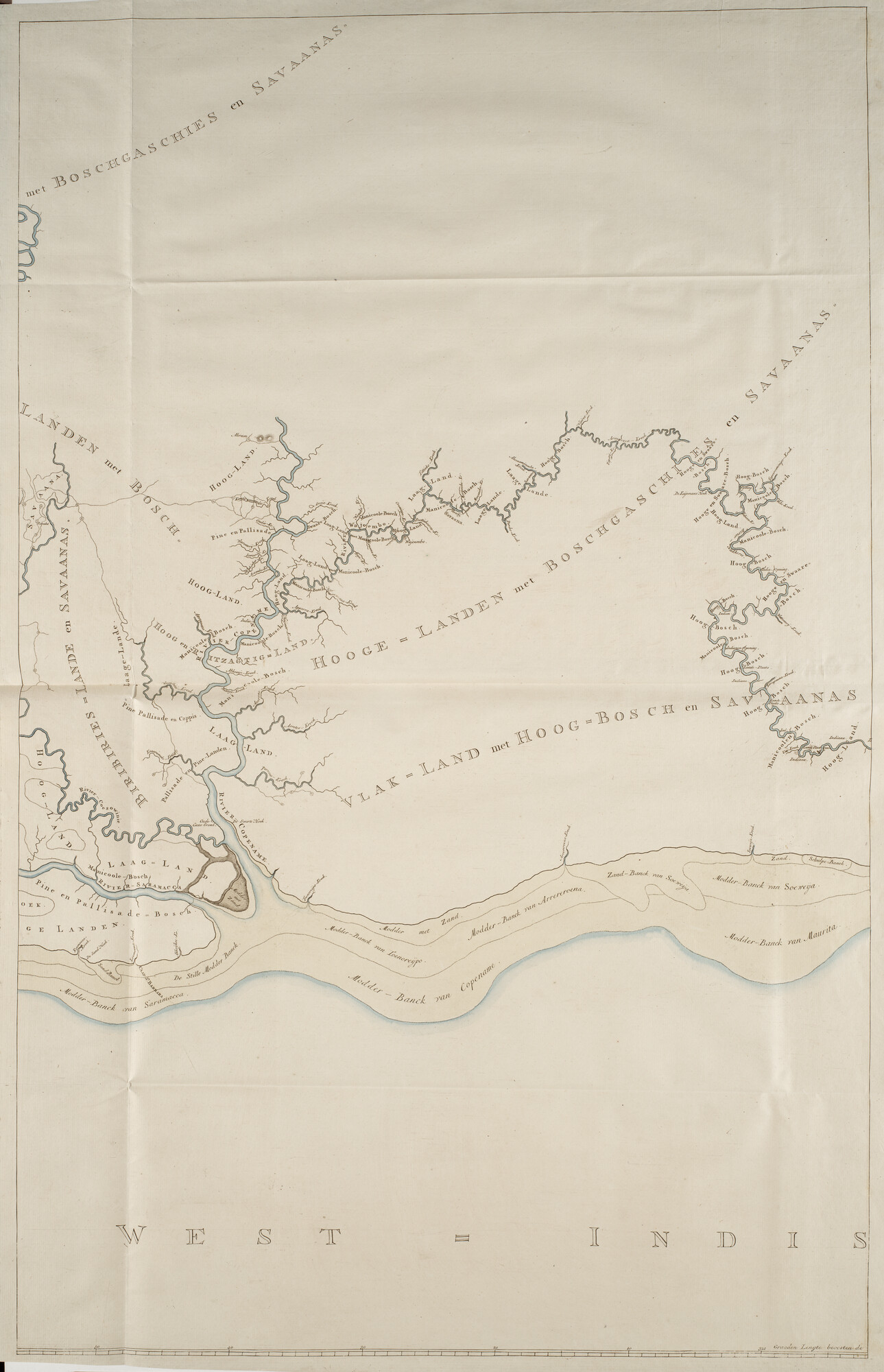 B.0032(109)4 [kaart 013]; Eén blad van een wandkaart van Suriname uitgegeven in acht bladen; kaart