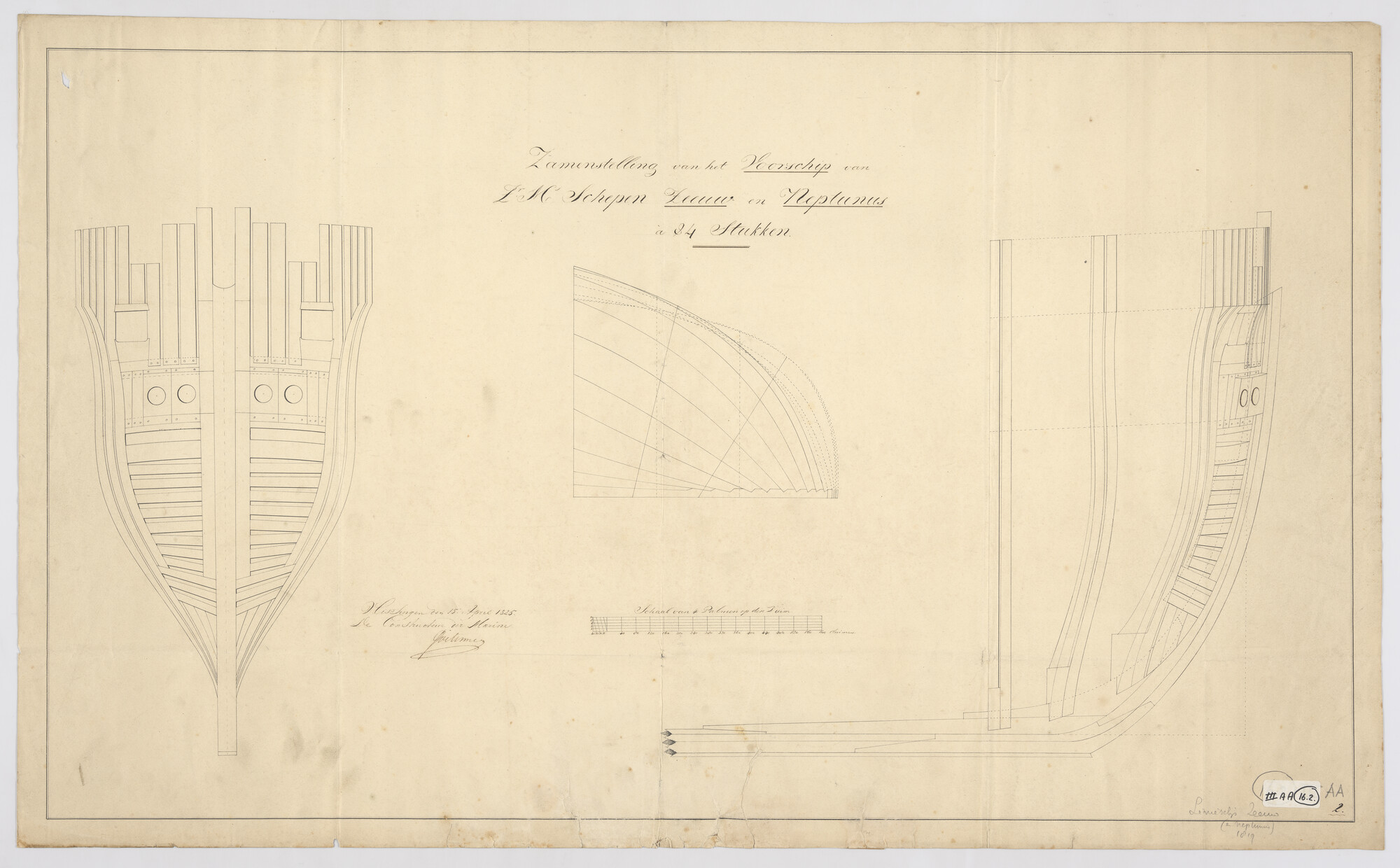 S.1214(0108); Constructieplan van het voorschip van de linieschepen 'Zeeuw' en 'Neptunus'; technische tekening