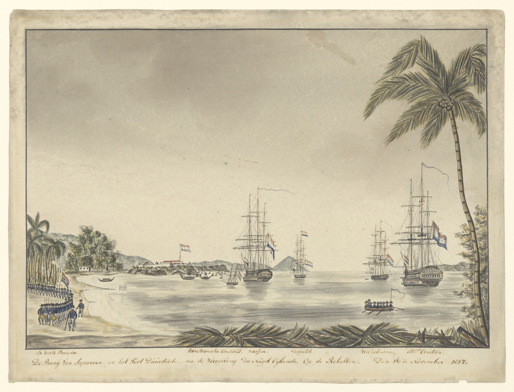 S.1119(19); Nederlandse oorlogsschepen in de baai van Saparoea, 1817; tekening