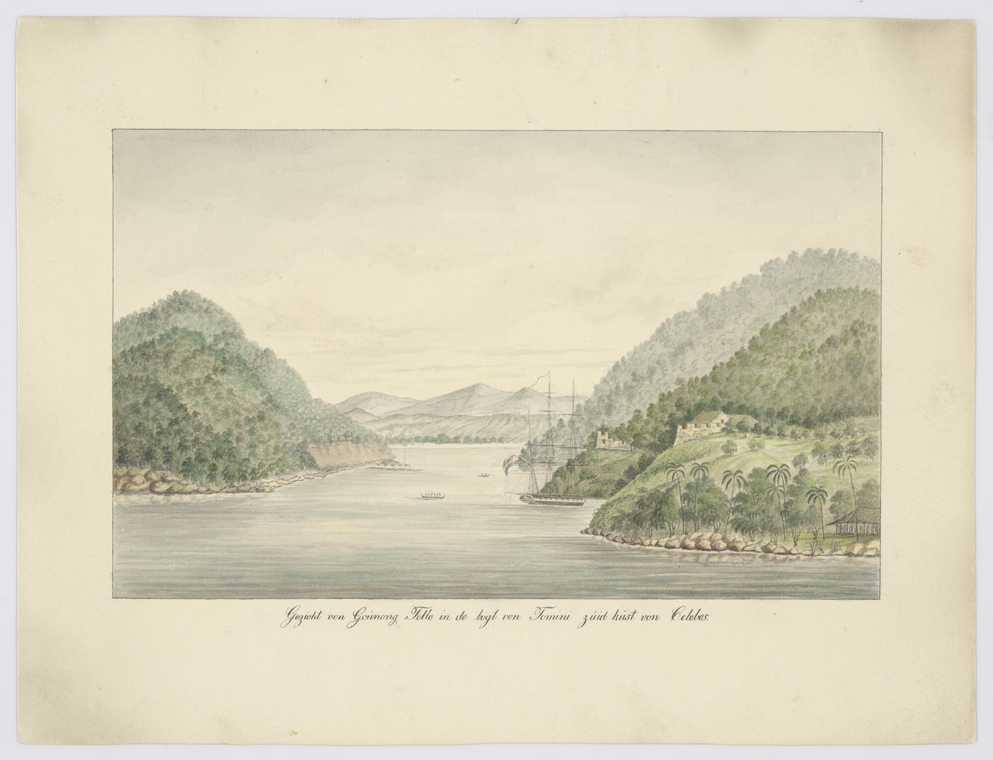A.3540(02)01; Gezicht van Gounong Telle in de bogt van Tomini zuid kust von Celebes; tekening