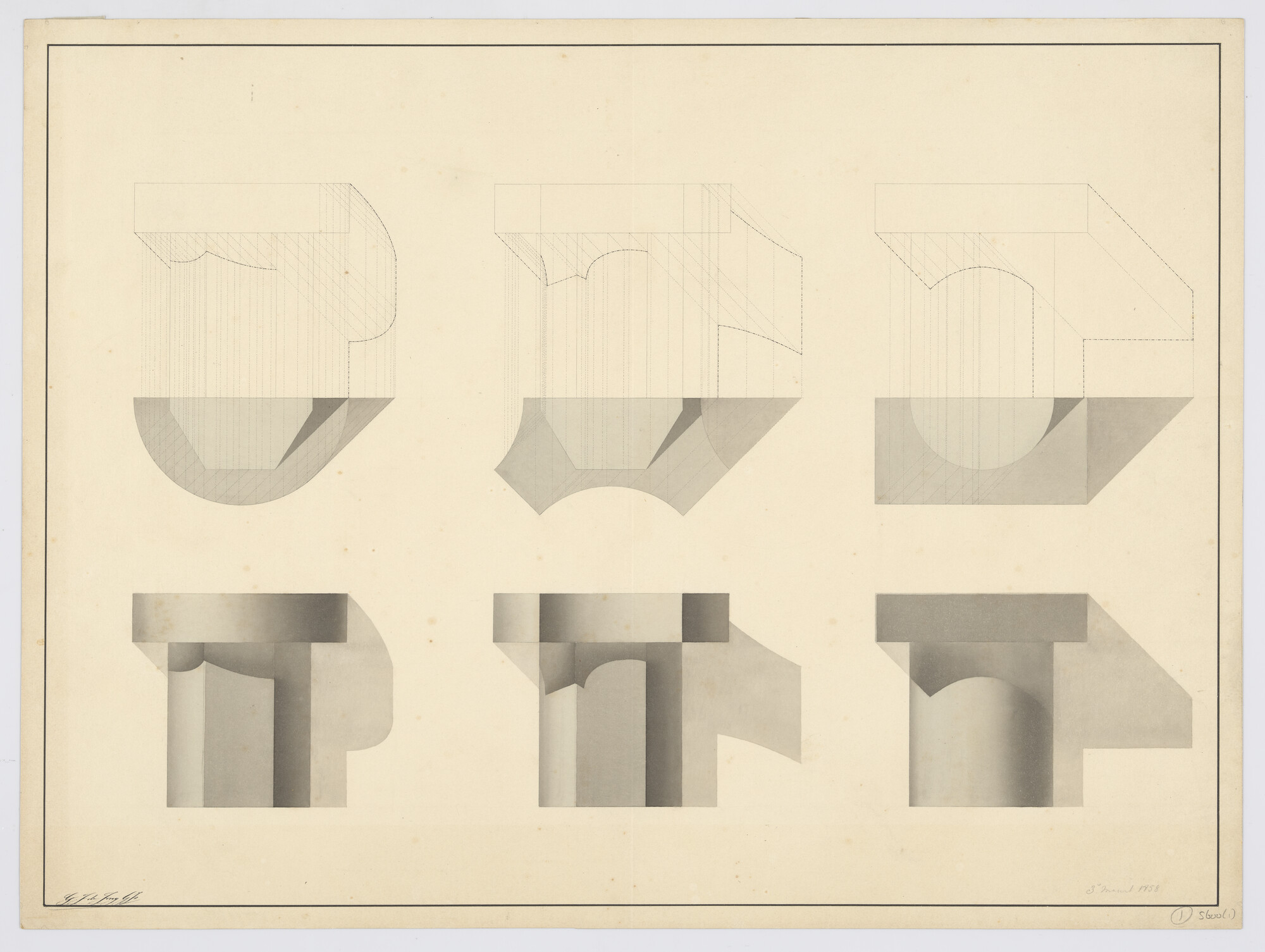 S.0600(01)147; perspectieftekening van een houtverbinding; technische tekening