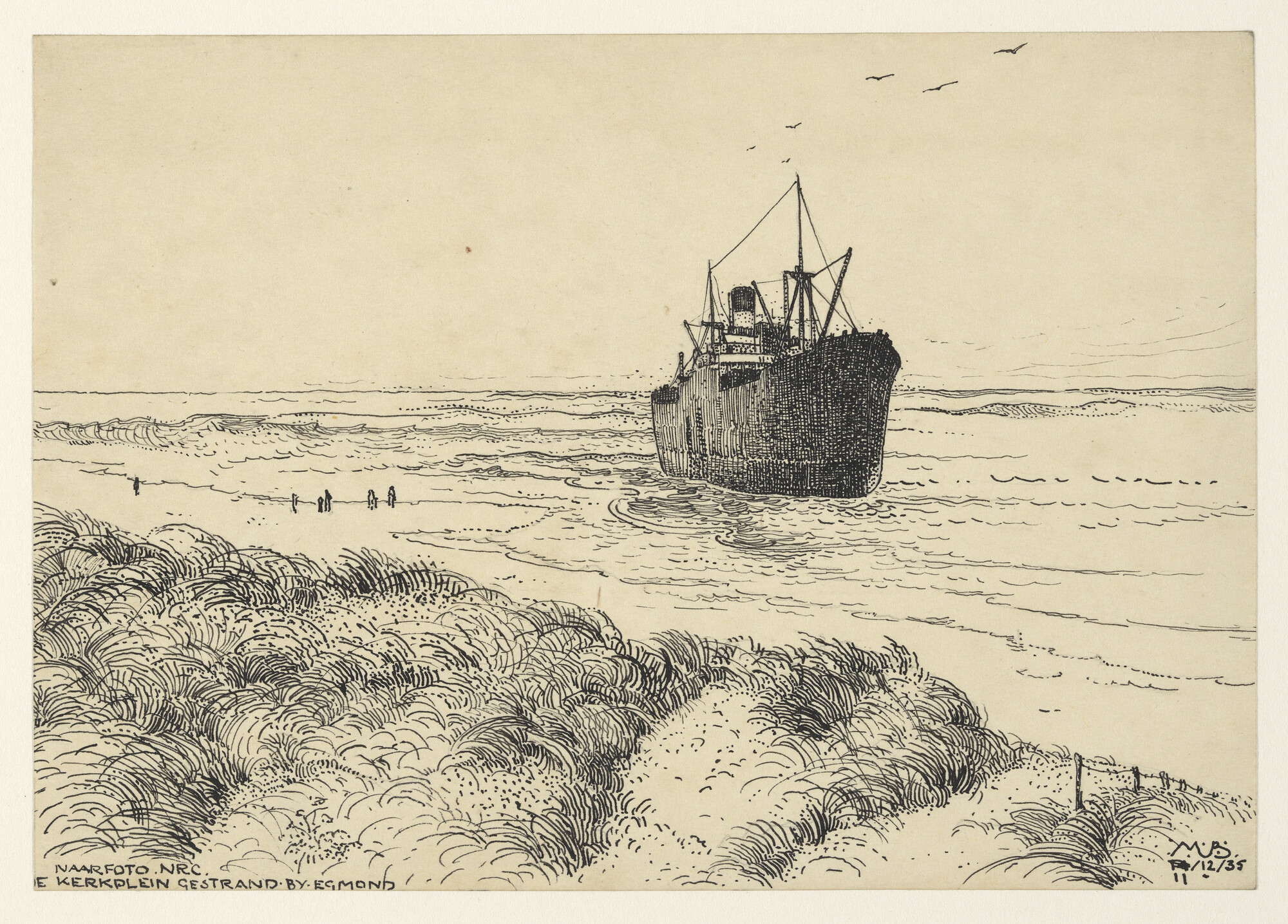 S.4364(14); Het ss. Kerkplein op het strand bij Egmond; tekening