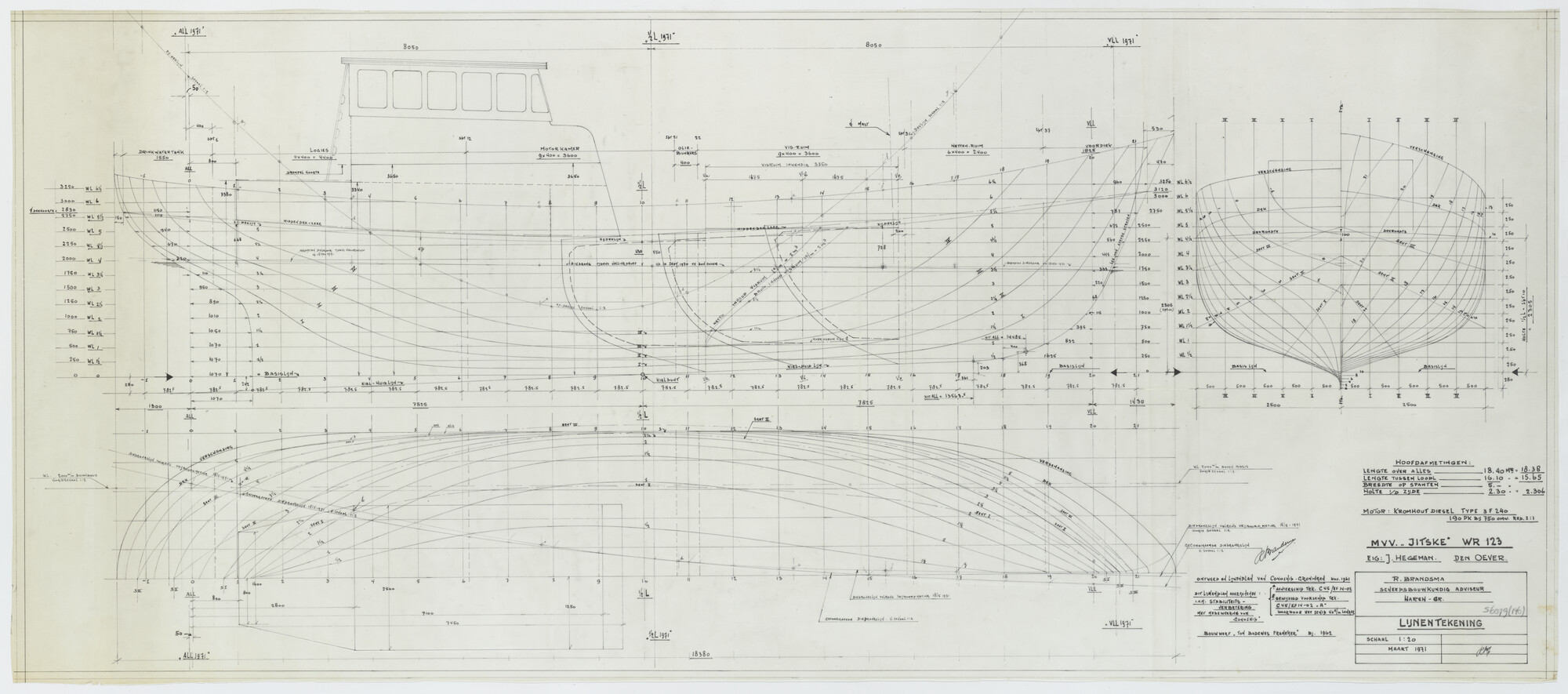 S.6879(146); Algemeen plan voor de motorviskotter 'Jitske' (WR 123); technische tekening