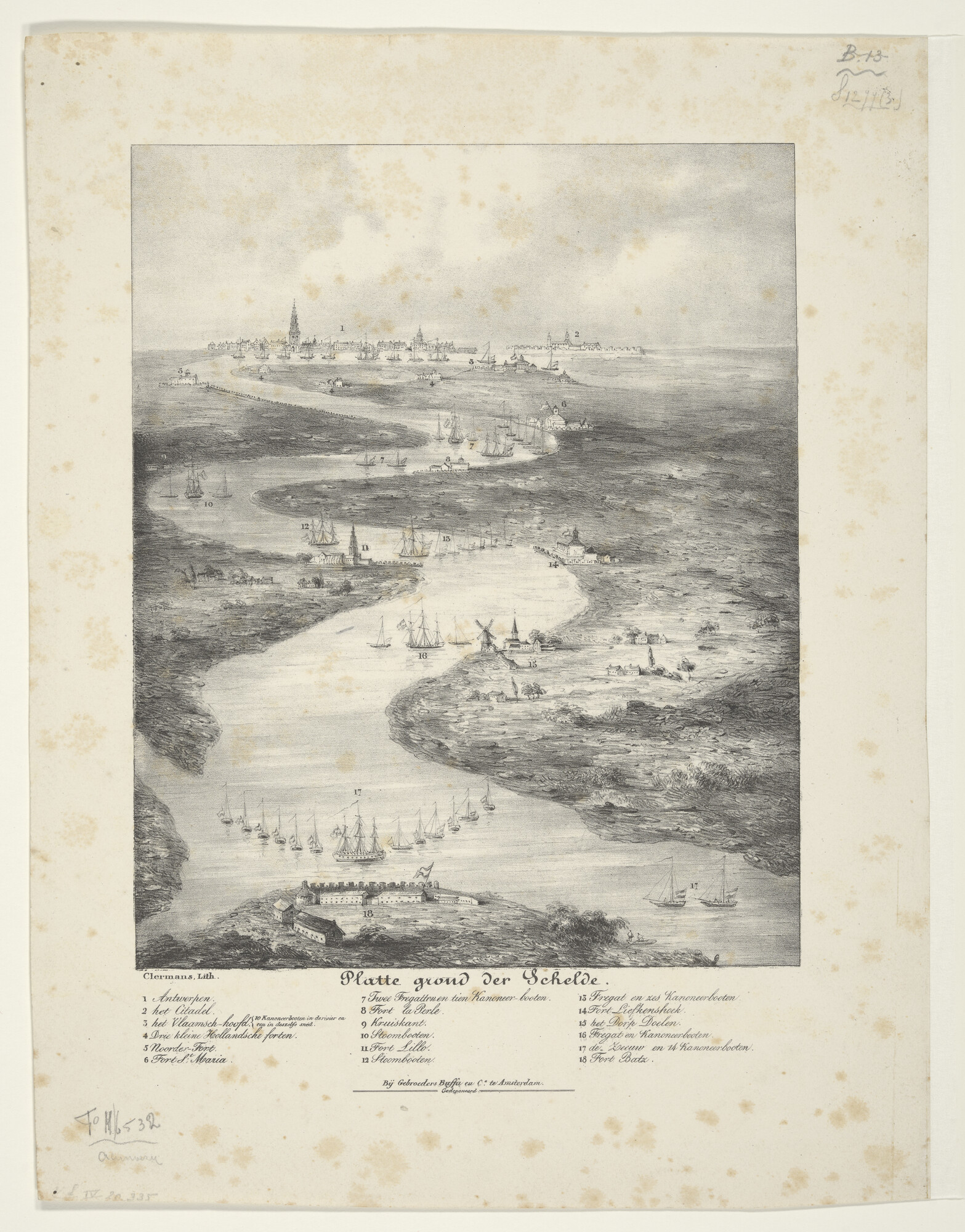 S.1277(03)6b2; Plattegrond van de Schelde van de positie van de schepen, in 1830; prent