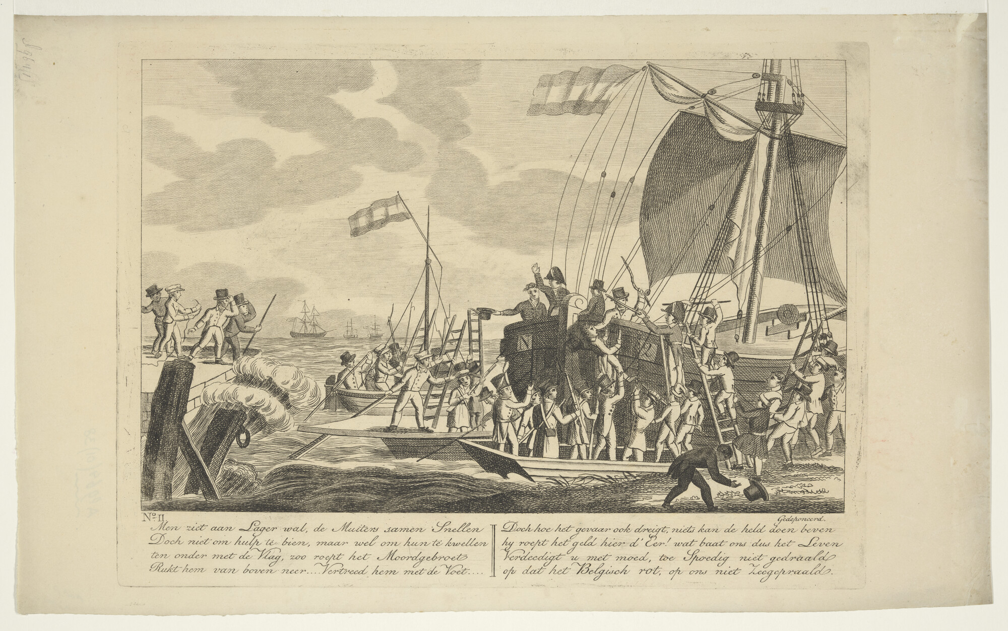 A.0964(01)38; Het aan de wal raken van de boot van Van Speyk; prent