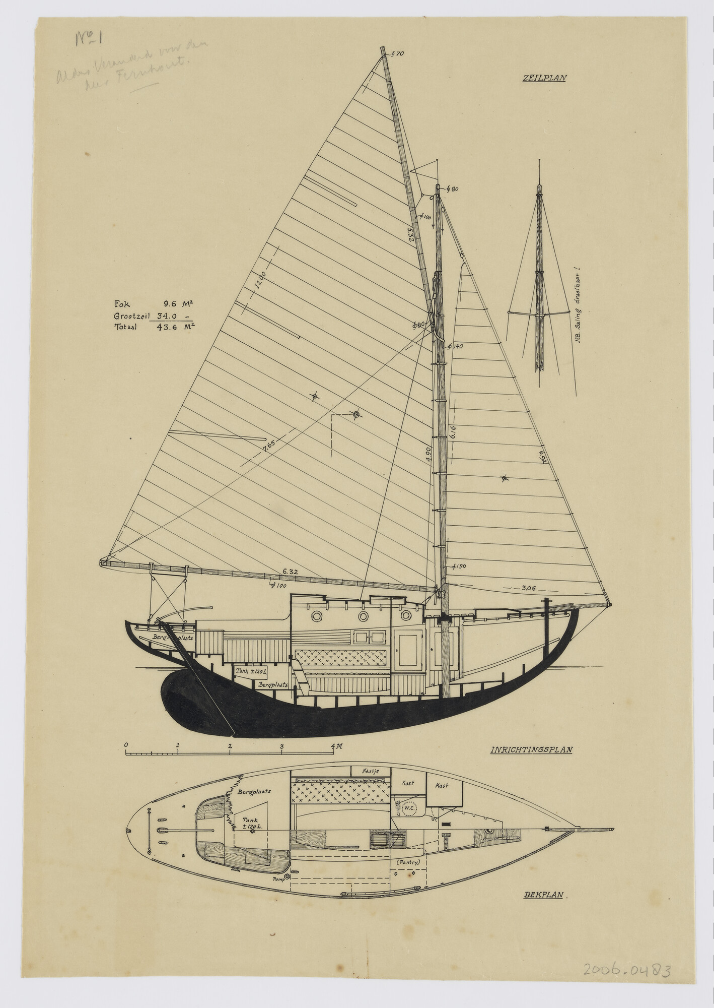 2006.0483; Algemeen plan van een klein zeewaardige kruiser; technische tekening