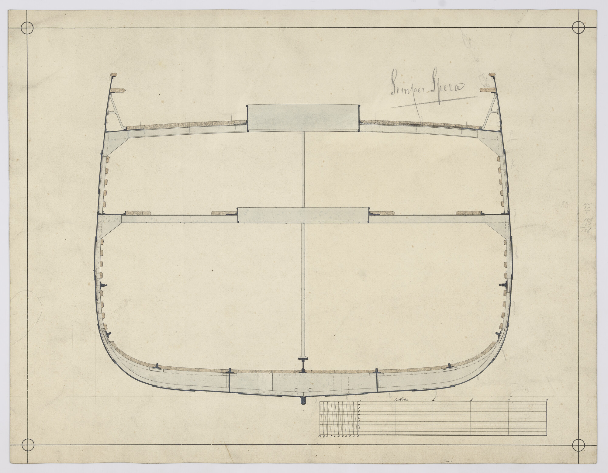 2013.0924; Grootspant van het barkschip Semper Spera (Houd altijd Hoop) van 61.20 meter; technische tekening