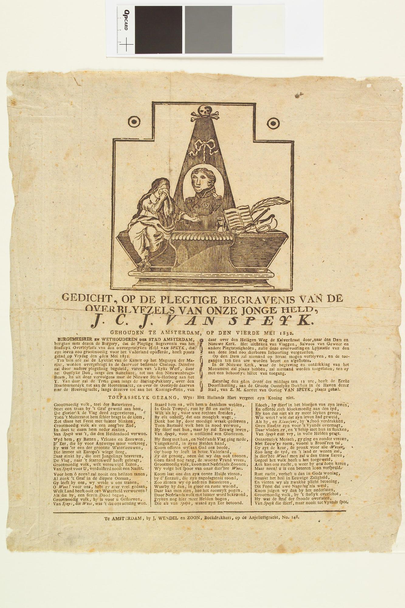 A.0482(03)08; Gedicht op de begrafenis van J.C.J. van Speyk met middenboven een gedenkzuil; prent
